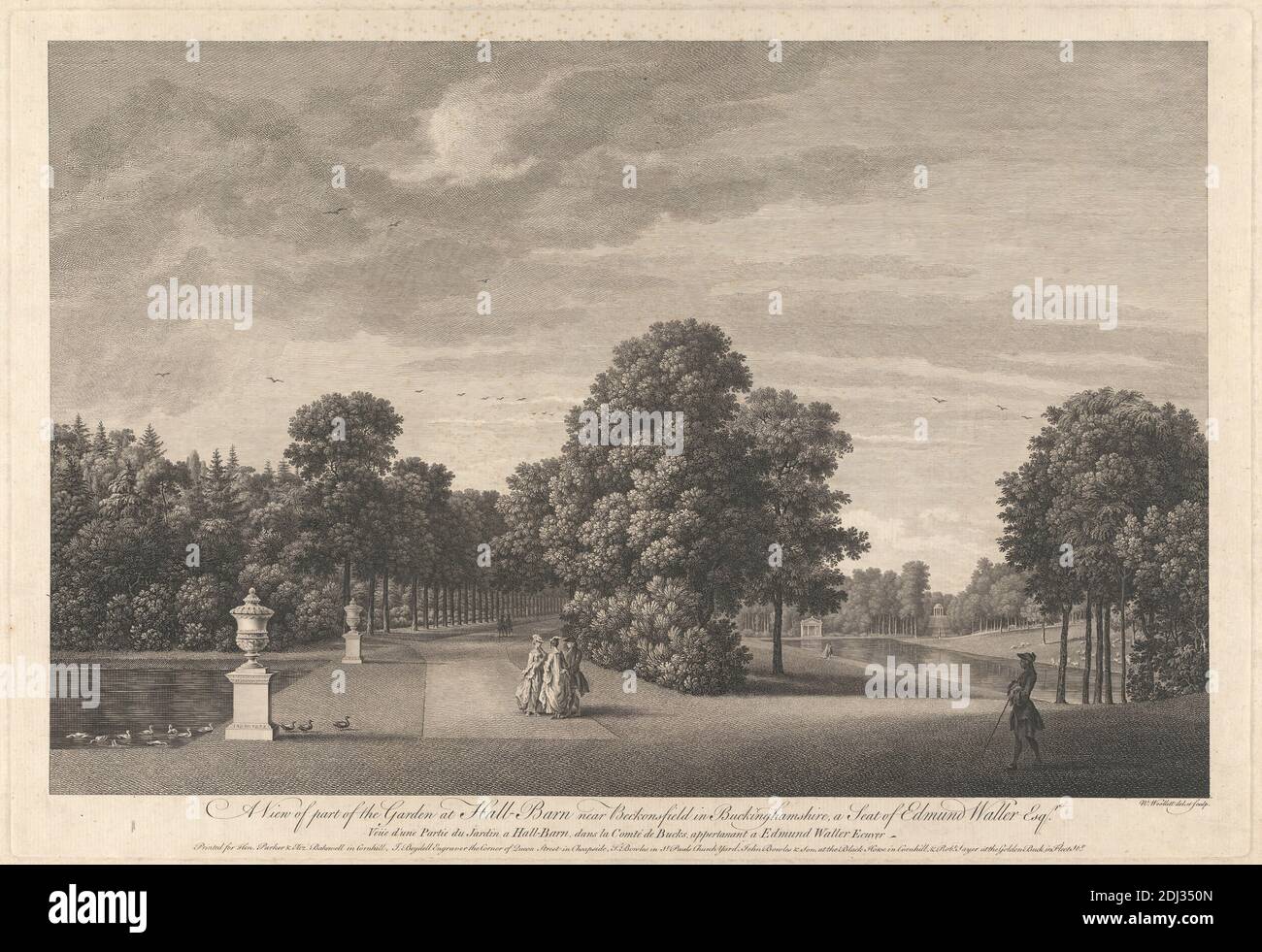 A View of Part of the Garden at Hall Barn, William Woollett, 1735–1785, British, 1760, Gravieren auf mäßig dickem, mäßig strukturiertem, cremefarbenen, gedeckten Papier, Blatt: 17 1/4 × 23 7/8 Zoll (43.8 × 60.6 cm), Teller: 14 3/4 × 21 1/2 Zoll (37.5 × 54.6 cm), und Bild: 13 1/8 × 20 1/16 Zoll (33.3 × 51 cm Stockfoto