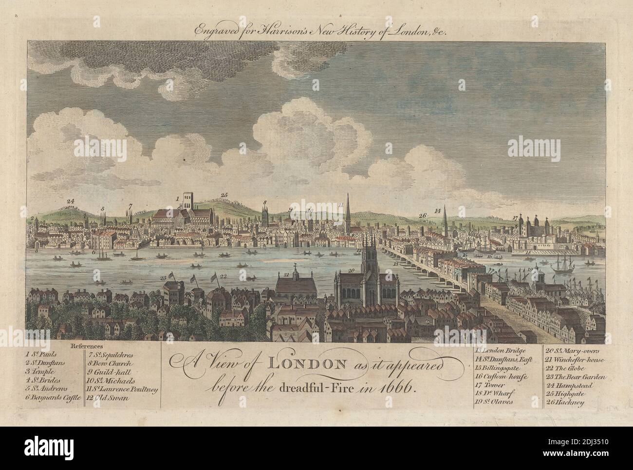 Ein Blick auf London, wie es erschien vor dem schrecklichen Feuer im Jahr 1666, unbekannter Künstler, siebzehnten Jahrhundert-achtzehnten Jahrhundert, nach unbekannten Künstler, undatiert, handkolorierte Gravur Stockfoto