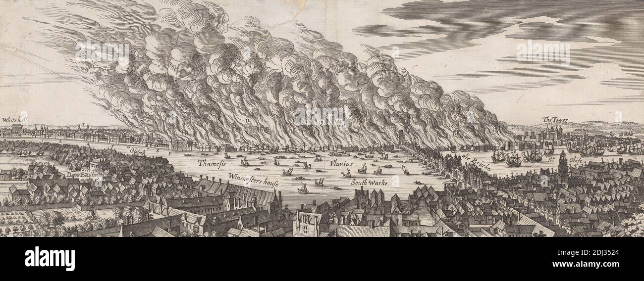 Allgemeine Ansicht von London während des großen Feuers 1666, unbekannter Künstler, siebzehnten Jahrhundert, nach unbekannten Künstler, undated, Gravur Stockfoto