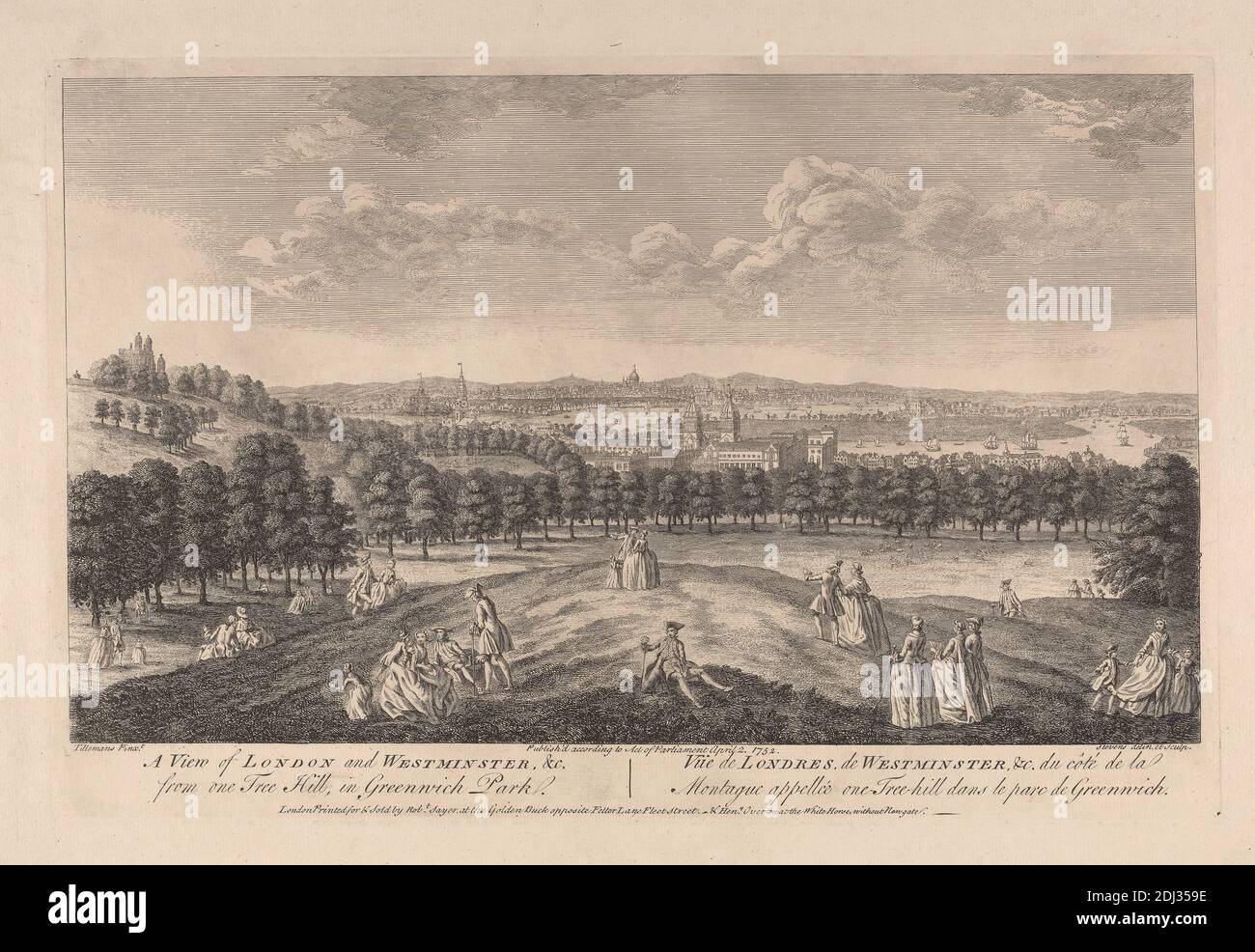 A View of London and Westminster, etc. From One Tree Hill in Greenwich Park, John Stevens, aktiv 1745–1746, nach Peter Tillemans, 1684–1734, Flämisch, aktiv in Großbritannien (ab 1708), 1752, Engraving Stockfoto