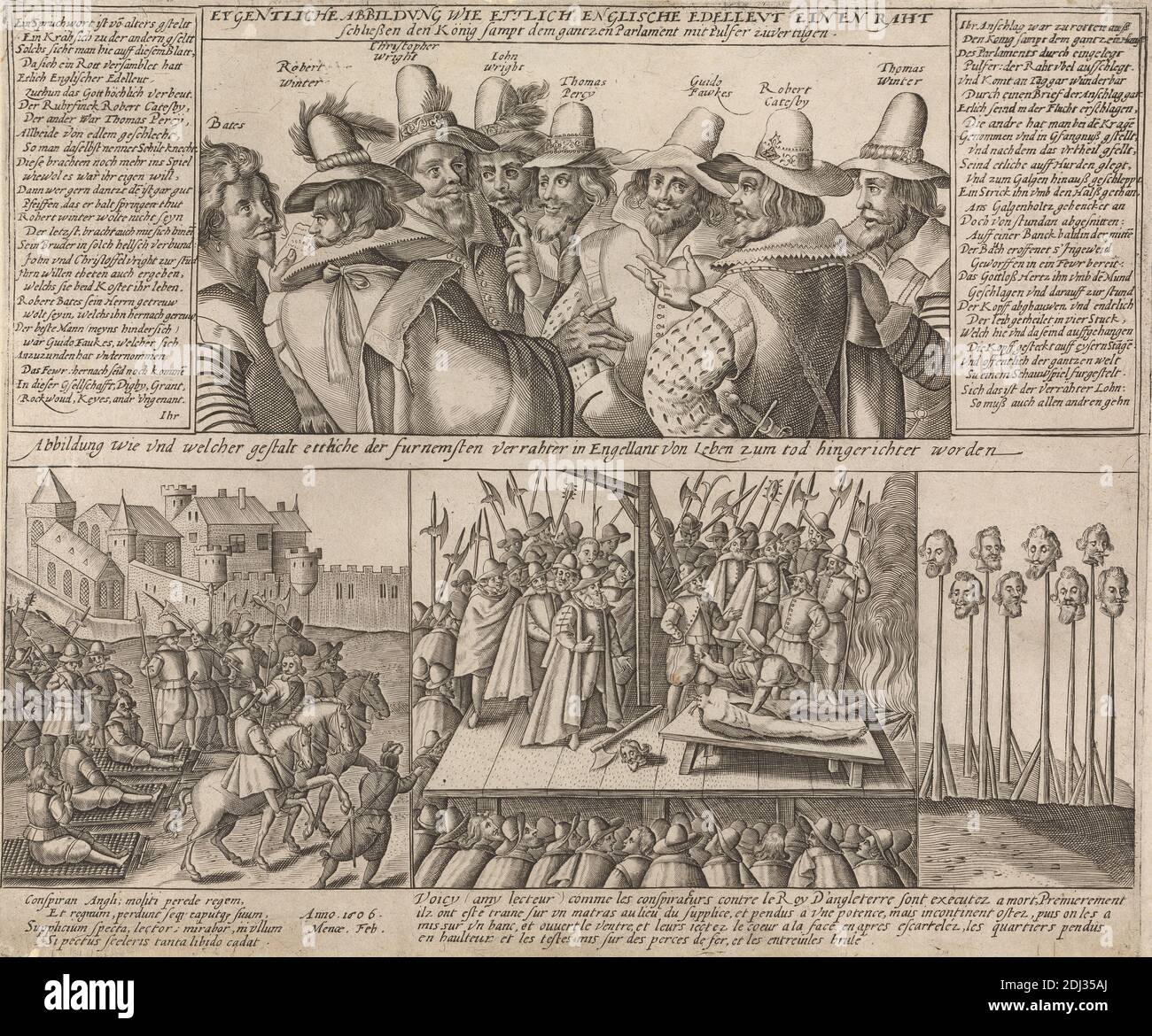 Die Gunpowder Plotter und ihre Ausführung im Februar 1606, unbekannter Künstler, siebzehnten Jahrhundert, nach unbekannten Künstler, undated, Gravieren Stockfoto