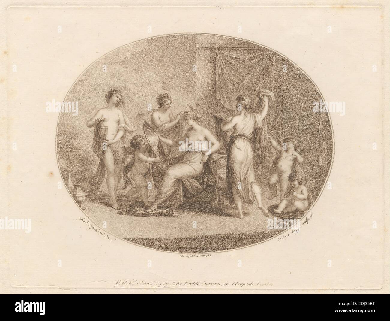 Venus von den Grazien geziert, Francesco Bartolozzi RA, 1728–1815, italienisch, in Großbritannien tätig (1764–99), nach Giovanni Battista Cipriani RA, 1727–1785, italienisch, in Großbritannien tätig (1755–85), 1785, Liniengravur Stockfoto