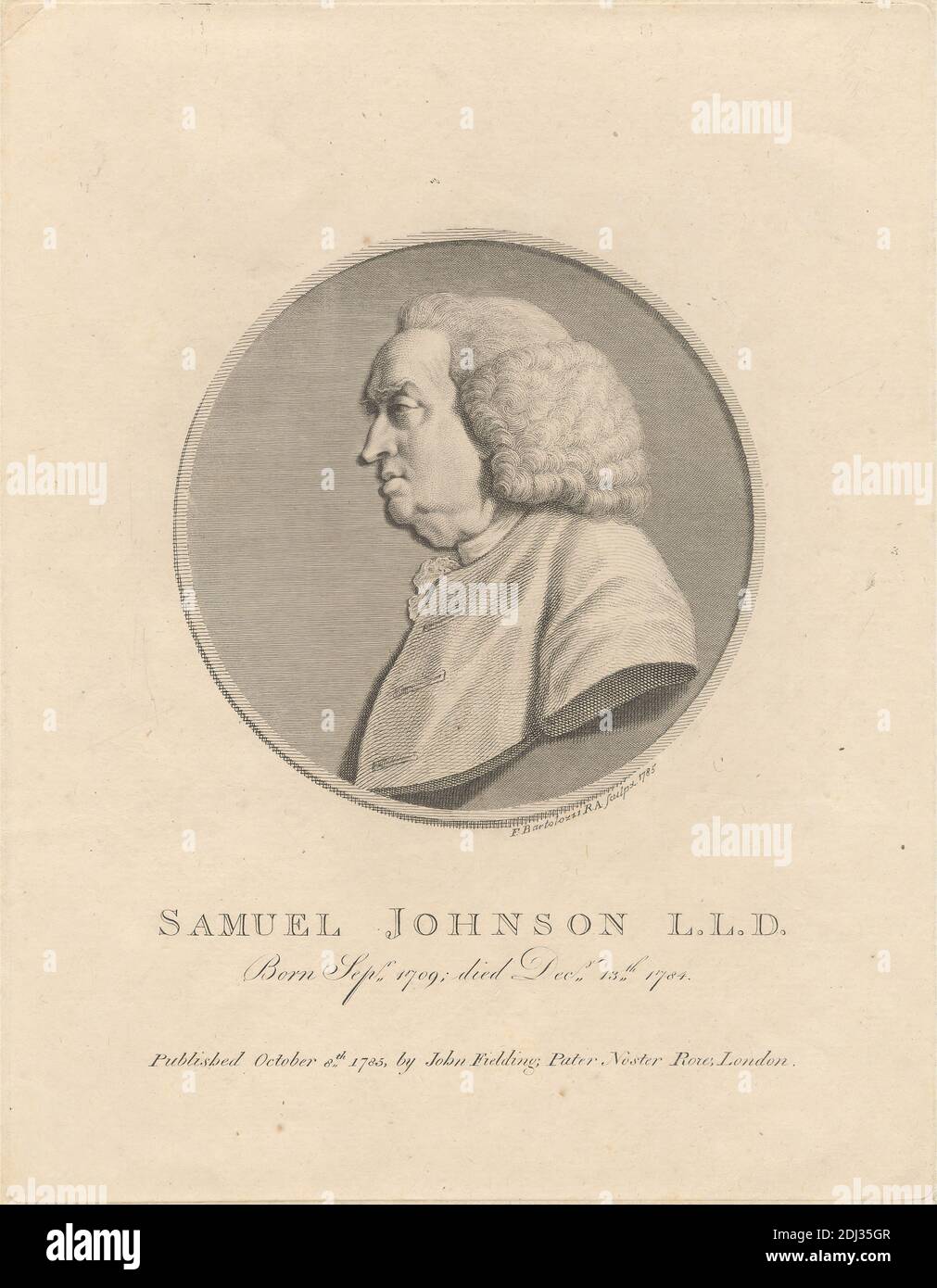 Samuel Johnson, Druck gemacht von Francesco Bartolozzi RA, 1728–1815, italienisch, aktiv in Großbritannien (1764–99), nach Sir Joshua Reynolds RA, 1723–1792, britisch, Publiziert von John Fielding, acitve 1779–1809, britisch, 1785, Radierung auf mäßig dickem, mäßig strukturiertem, cremefarbenen Papier, Blatt: 10 1/4 x 7 7/8 Zoll (26 x 20 cm), Platte: 9 15/16 x 7 11/16 Zoll (25.3 x 19.5 cm), und Bild: 4 15/16 x 4 15/16 Zoll (12.6 x 12.5 cm), Autor, Büste, Kreis (Flugzeug Figur), Kostüm, Essayist, Lexikograph, Mann, Medaillon (Medaille), Dichter, Porträt, Tundo Stockfoto