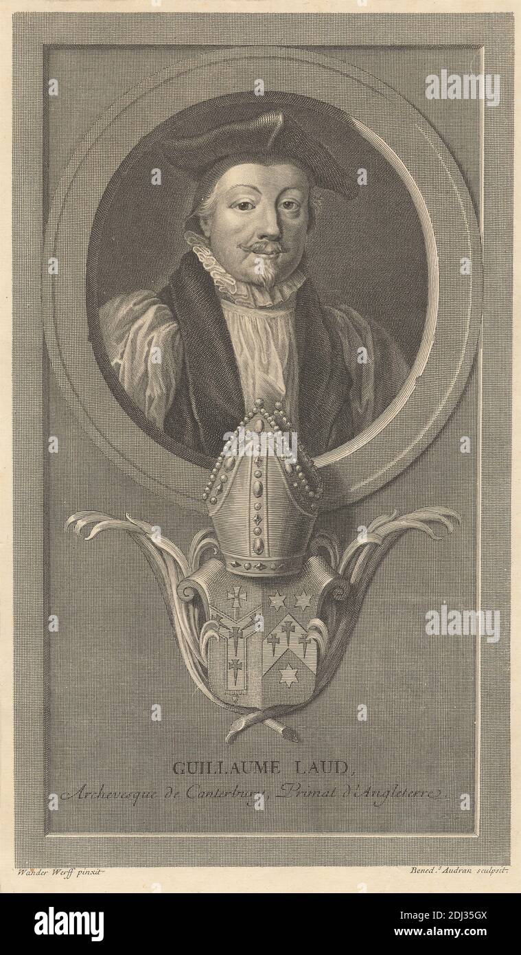 Guillaume Laud, Druck von Benoit Audran, 1661–1721, französisch, nach Adriaan van der Werff, 1659–1722, niederländisch, undatiert, Radierung und Strichgravur auf mittlerem, leicht strukturiertem, beigefarbenem Papier, Blatt: 14 7/16 x 7/16 cm (23.9 x 9 36.7 Zoll), Platte: 12 3/8 x 7 5/16 Zoll (31.4 x 18.5 cm), und Bild: 11 3/4 x 6 7/8 Zoll (29.8 x 17.4 cm), Bart, Büste, Mütze, Wappen, Kostüm, Krone, Mann, Schnurrbart, oval, Porträt, Roben, Rüsche, Schild, Sterne, Gewänder Stockfoto