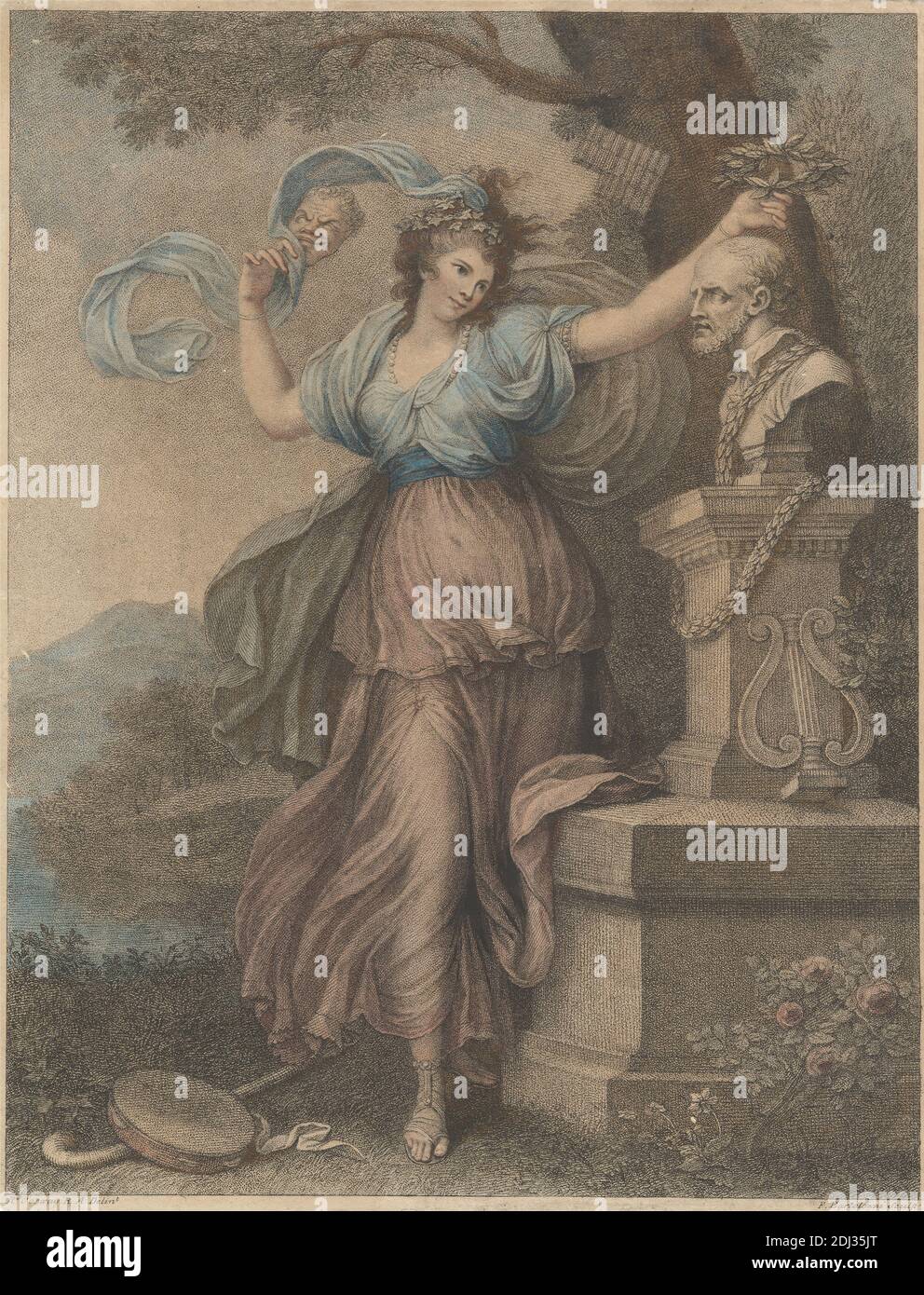 Mrs. Abington as Thalia, Druck von Francesco Bartolozzi RA, 1728–1815, italienisch, in Großbritannien tätig (1764–99), nach Richard Cosway, 1742–1821, britisch, ca. 1783, Radierung und Stipple Gravur, mit handkolorierter Tinte auf Medium, leicht strukturiert, cremefarbenes Papier, Blatt: 9 3/16 x 7 1/8 Zoll (23.4 x 18.1 cm) und Bild: 9 1/8 x 6 3/4 Zoll (23.1 x 17.1 cm), Schauspielerin, Büste, Crook, Hirte, Blumen (Pflanzen), Girlanden, Hügel, Leier, Maske, Denkmal, Mythologie, Perlen, Performance, Rohre, religiöse und mythologische Thema, Band, Rosen (Pflanze), Sandalen, Schärpe, Rock, Bühne, Strom, Tamburin Stockfoto