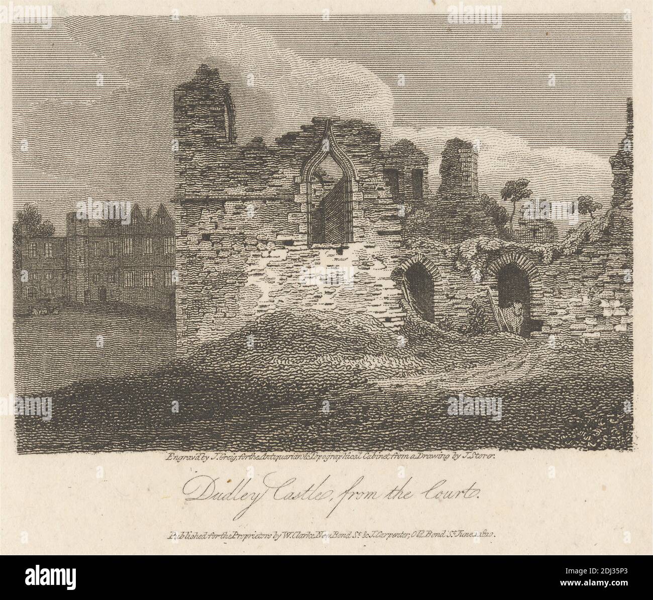 Dudley Castle from the Court, John Greig, Active 1800–1853, British, after James S. Storer, 1771–1853, British, Published by William Clark, Active 1808–1815, British, and James Carpenter, Active 1808–1843, British, 1810, Radierung auf mäßig dickem, leicht strukturiertem, cremefarbenen Wove-Papier, Blatt: 3 15/16 x 6 9/16 Zoll (10 x 16.6 cm), Platte: 3 7/8 x 5 15/16 Zoll (9.9 x 15.1 cm), und Bild: 2 3/8 x 3 3/8 Zoll (6.1 x 8.6 cm), Bögen, architektonisches Thema, Burg, Innenhof, Ruinen, Dudley, Dudley, Dudley Castle, England, Vereinigtes Königreich Stockfoto