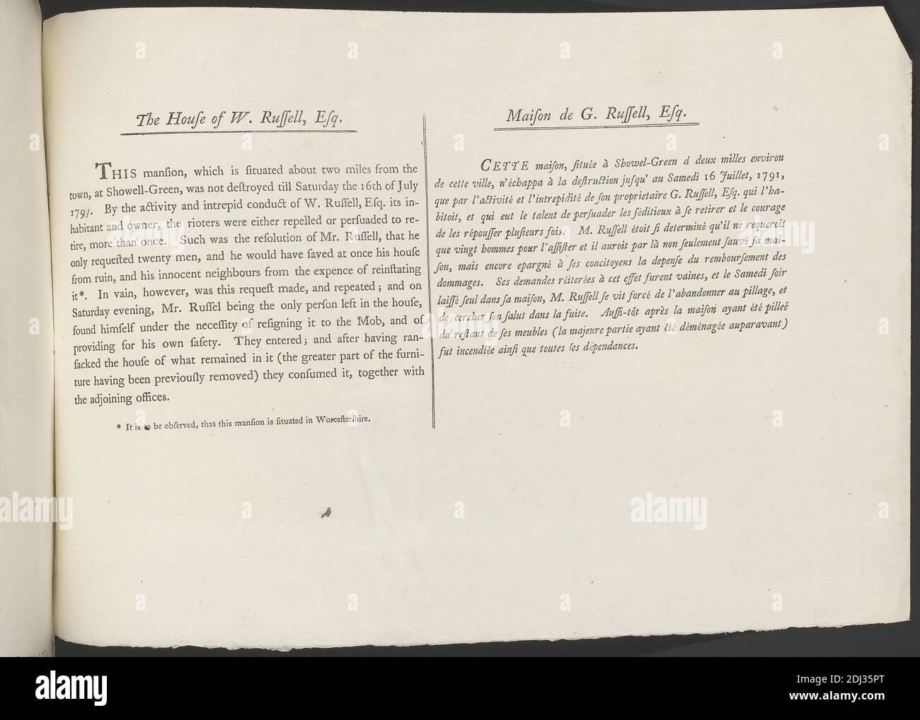 The House of William Russell, Esq., Showell Green: English and French Text, William Ellis, 1747–1810, British, after P. H. Witton Jr., Active 1792, Published by Joseph Johnson, 1738–1809, British, 1792, Buchdruck auf Medium, leicht strukturiert, cremefarbenes Wove Paper (Seite im Buch), geklebt am linken Rand zu B1977.14752a, Blatt: 8 1/8 x 11 15/16 Zoll (20.6 x 30.3 cm) und Bild: 4 1/4 x 9 3/8 Zoll (10.8 x 23.8 cm), architektonisches Motiv, Barrieren, Mäntel, Kostüm, Garten, Genremotiv, Geste, grün, Hüte, Haus, Landschaft, Männer, Park (Gelände), zeigen, Ruinen, Personal (Gehstock), reden Stockfoto