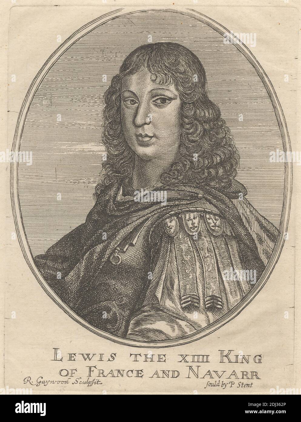 Portrait of Louis XIV, King of France and Navarre, Richard Gaywood, Active 1650–1680, Published by Peter Stent, Active 1642–1665, British, undated, Radierung und Stipple Engravierung auf mäßig dickem, leicht strukturiertem, cremefarbenen Papier, Blatt: 10 15/16 x 6 7/8 Zoll (27.8 x 17.4 cm), Platte: 6 x 4 1/2 Zoll (15.2 x 11.4 cm), und Bild: 5 1/4 x 4 5/16 Zoll (13.3 x 11 cm), Rüstung, Locken, halblange Figuren, König (Person), Lackkragen, Mantel, Medaillons, Edelmann, oval, Porträt, Posen, Regal Stockfoto