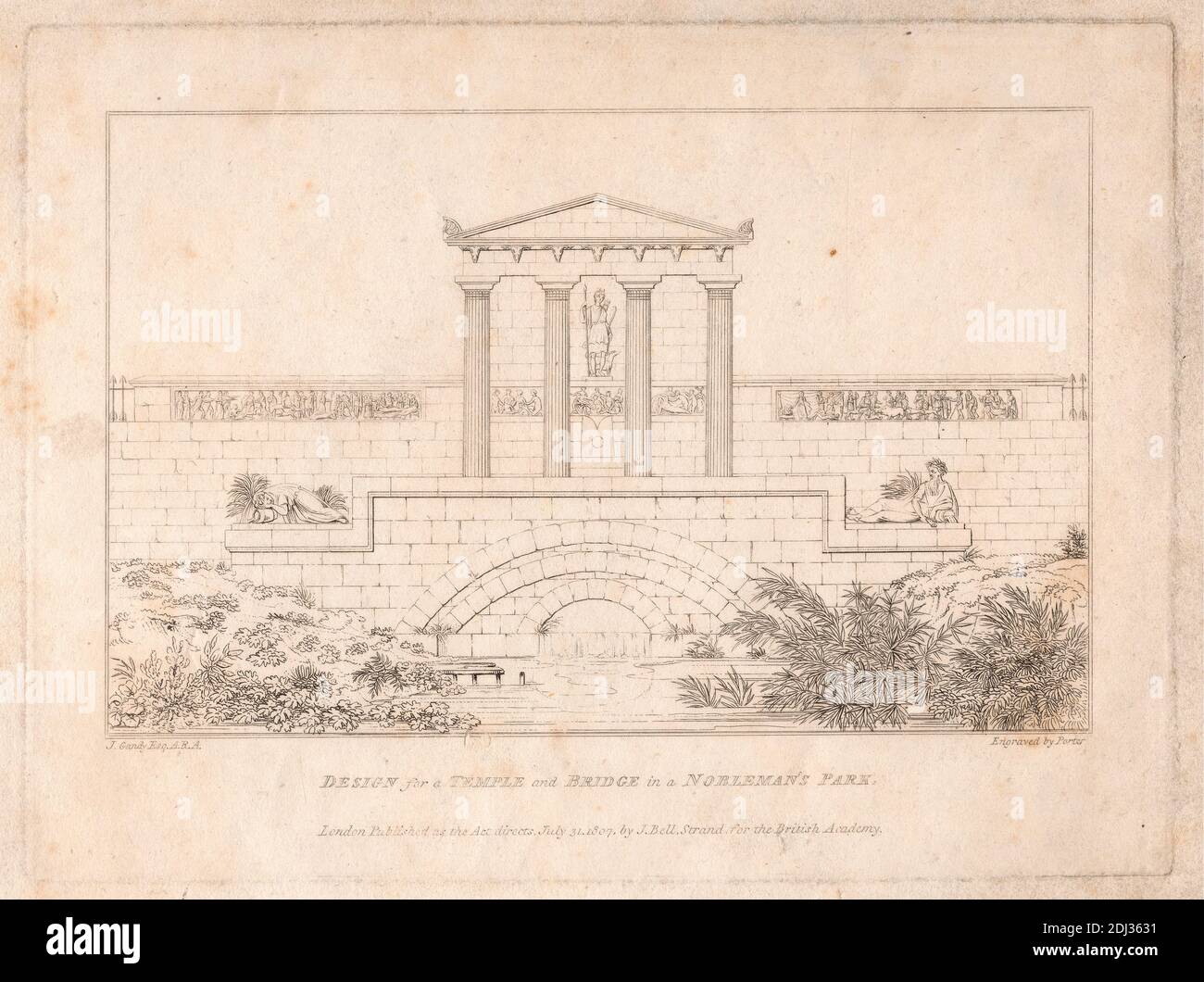 Design for a Temple and Bridge in a Nobleman's Park, John Porter, Active 1838, after Joseph Michael Gandy, 1771–1843, British, 1807, Gravieren, Blatt: 10 x 8 Zoll (25.4 x 20,3 cm Stockfoto