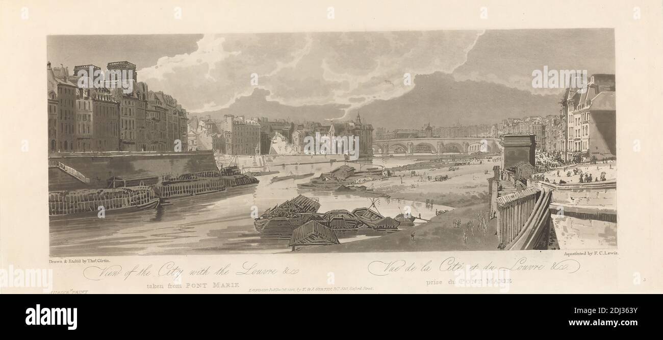 Blick auf die Stadt mit dem Louvre aus Pont Marie, Thomas Girtin, 1775–1802, britisch, Frederick Christian Lewis der Ältere, 1779–1856, britisch, nach Thomas Girtin, 1775–1802, britisch, 1802, Aquatint, Cathédrale Notre-Dame de Paris, Europa, Frankreich, Musée du Louvre, Paris, Pont Marie, seine, Ville de Paris, Départment de, Île-de-France Stockfoto