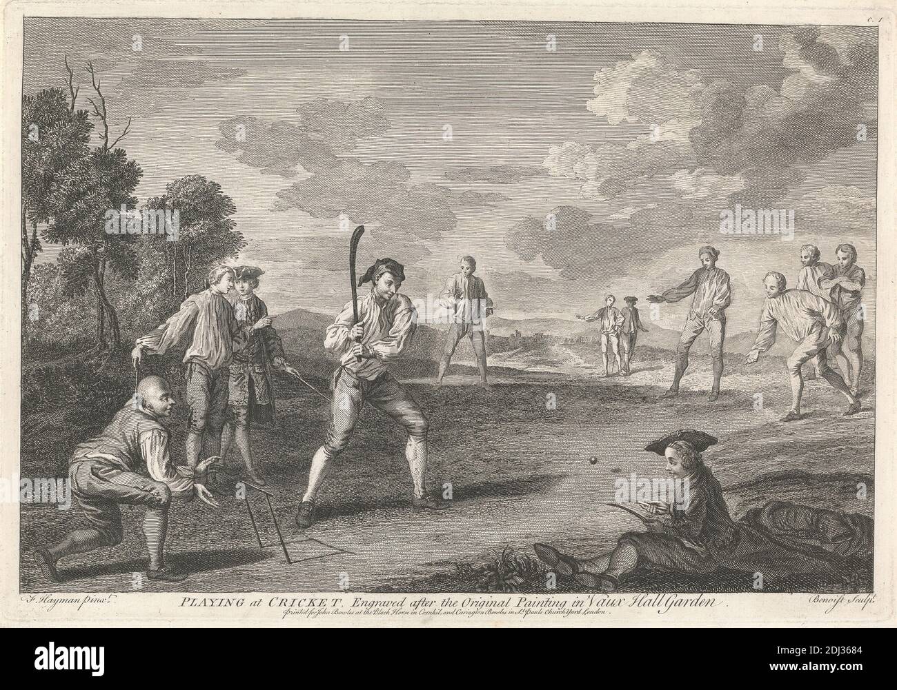 Spiele in Vauxhall: Spiele in Cricket, Druck von Guillaume Philippe Benoist, 1725–ca. 1770, Französisch, nach Francis Hayman, 1707/8–1776, British, Published by John Bowles, 1701–1779, British, Published by Carington Bowles, 1724–1793, British, ca. 1743, Radierung mit Stippelgravur auf mittlerem, leicht strukturiertem, cremefarbenem Papier, Blatt: 10 1/2 x 14 13/16 Zoll (26.7 x 37.6 cm), Platte: 10 1/16 x 14 7/16 Zoll (25.5 x 36.6 cm) und Bild: 9 1/4 x 13 7/8 Zoll (23.5 x 35.3 cm), Ball, Fledermaus, Blusen, Hosen, Stadt, Wolken, Mäntel, Wettbewerb, Cricket, Cricket Ball, Cricket Fledermaus, Cricket-Felder Stockfoto