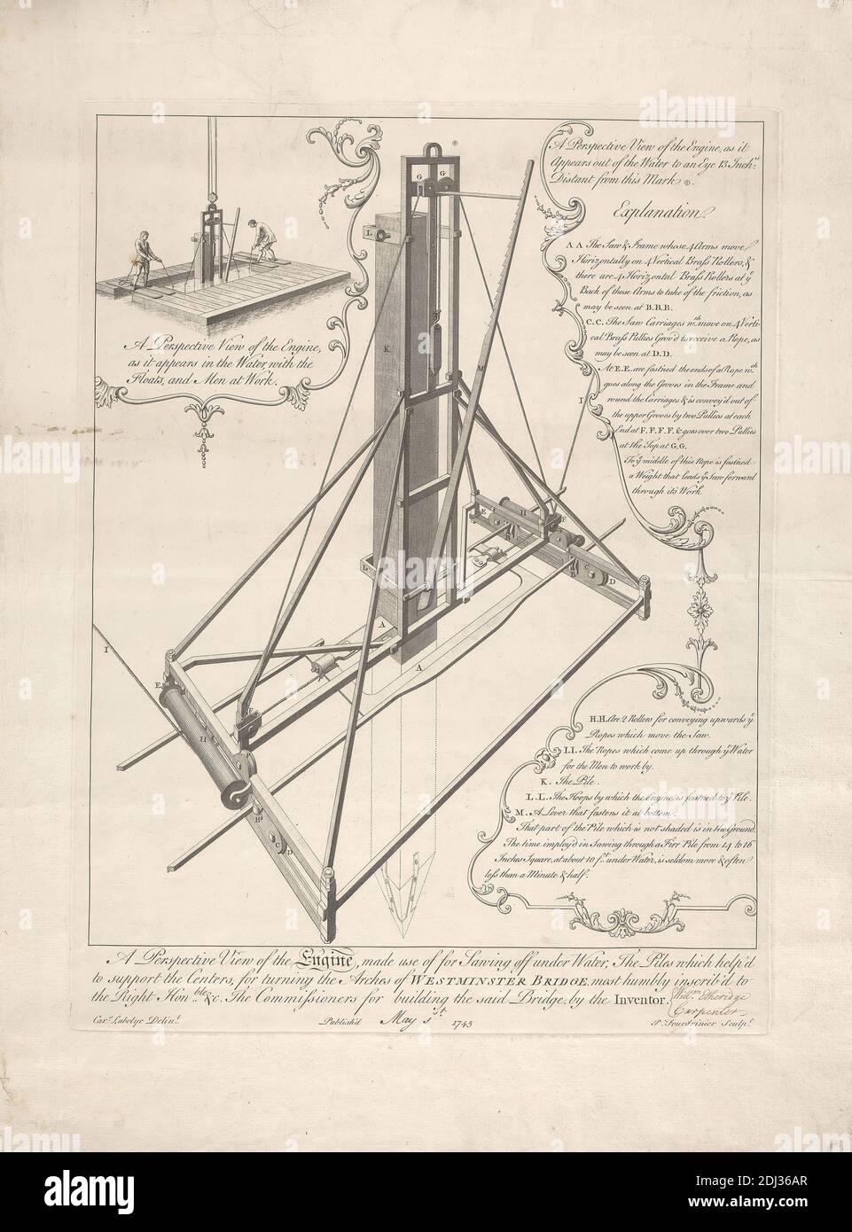 A Perspective of the Engine made use of for shailing off under water, Paul Fourdrinier, französisch, nach Charles Labelye, 1705–1781, britisch, 1745, Gravieren, Blatt: 18 x 13 1/2in. (45.7 x 34,3 cm Stockfoto