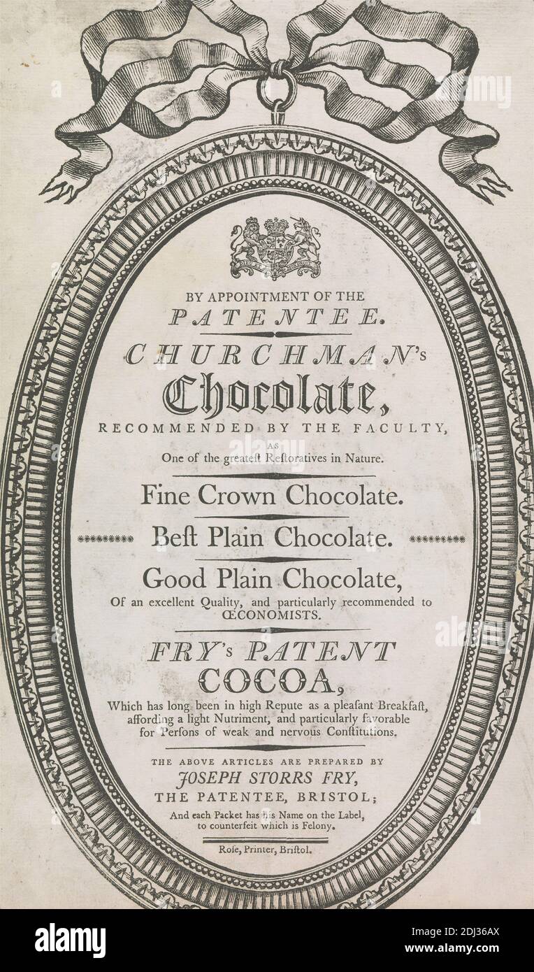 Tauschkarte für Churchman's Chocolate und Fry's Patent Cocoa, unbekannter Künstler, achtzehnten Jahrhundert, um 1770 Stockfoto