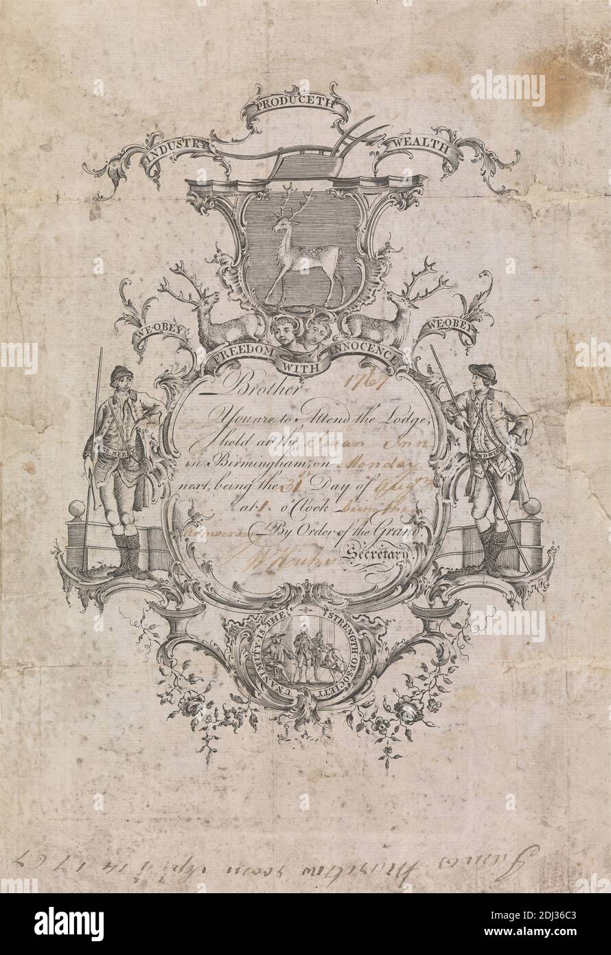 Einladung zum Freimaurertreffen im Swan Inn, Birmingham, 31. August 1767, unbekannter Künstler, achtzehnten Jahrhundert, 1767 Stockfoto