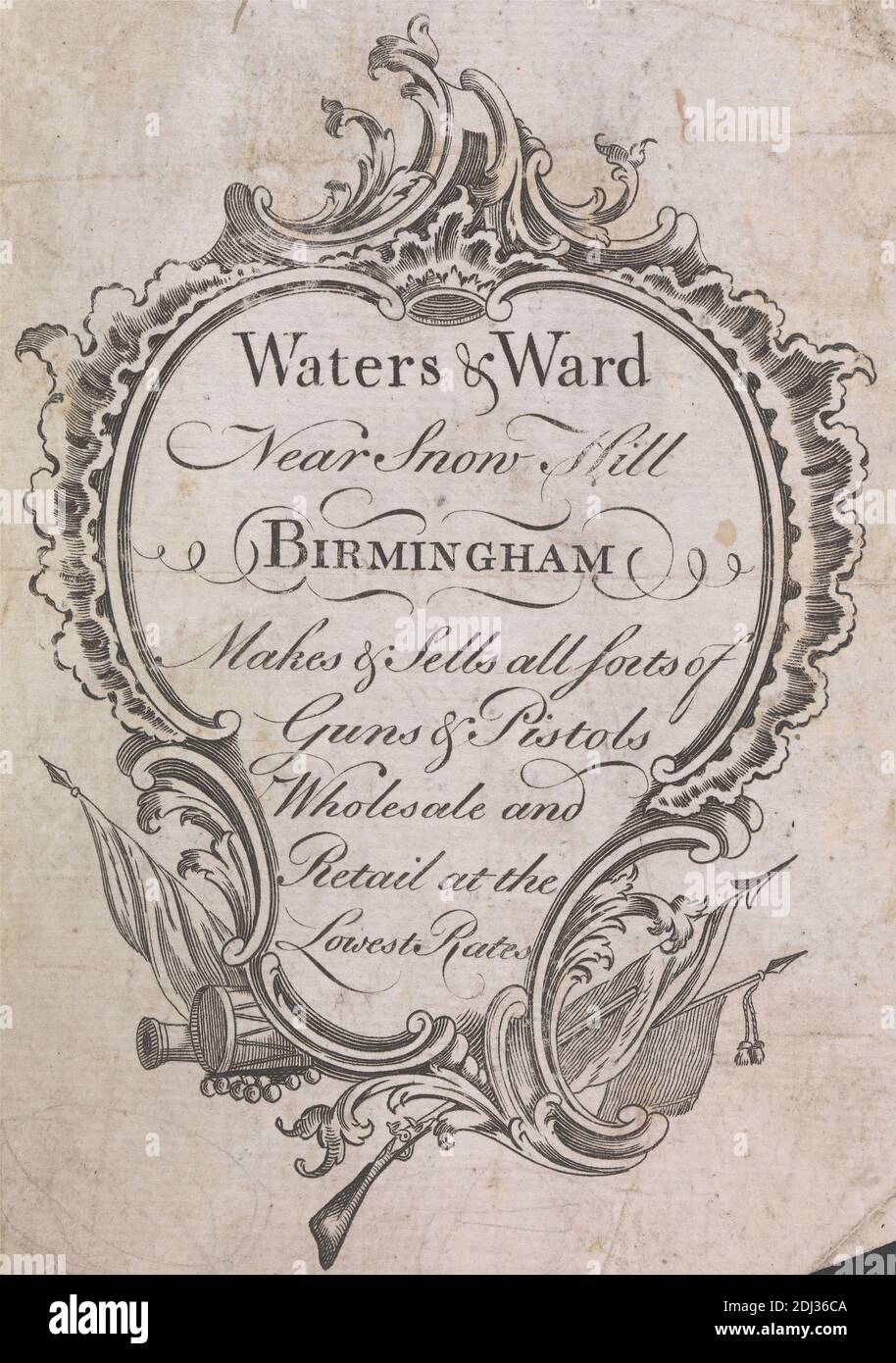 Tauschkarte für Water's and ward, Gun-Makers of Snow Hill, Birmingham, unbekannter Künstler, achtzehnten Jahrhundert, ca. 1770 Stockfoto