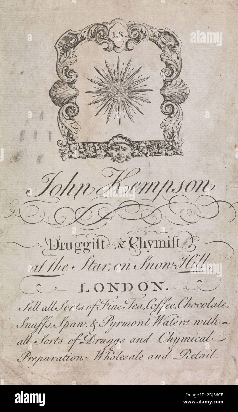 Tauschkarte für John Kempson, Druggist und Chemiker von Snow Hill, London, unbekannter Künstler, 18. Jahrhundert, ca. 1770 Stockfoto