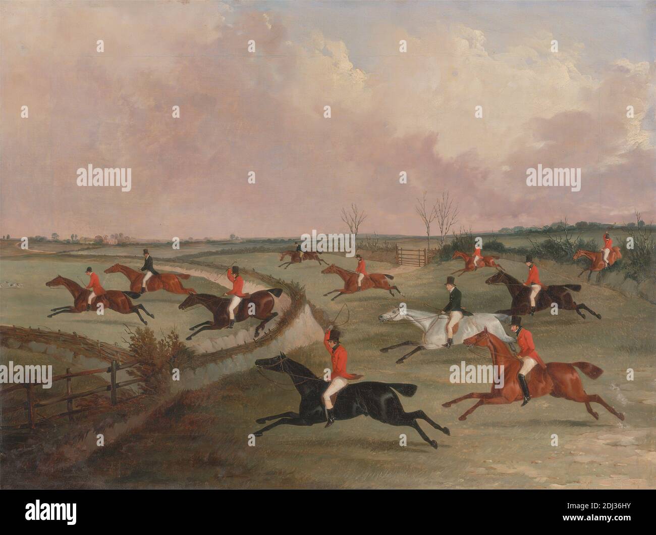 The Quorn Hunt in Full Cry: Second Horses, John Dalby, aktiv 1826–1853, britisch, nach Henry Thomas Alken, 1785–1851, britisch, ca. 1835, Öl auf Leinwand, Unterstützung (PTG): 15 x 20 Zoll (38.1 x 50.8 cm), jagen, Hund (Tier), Zäune, Pferde (Tiere), Jagd, Jagd, Männer, Sportkunst, Peitsche Stockfoto