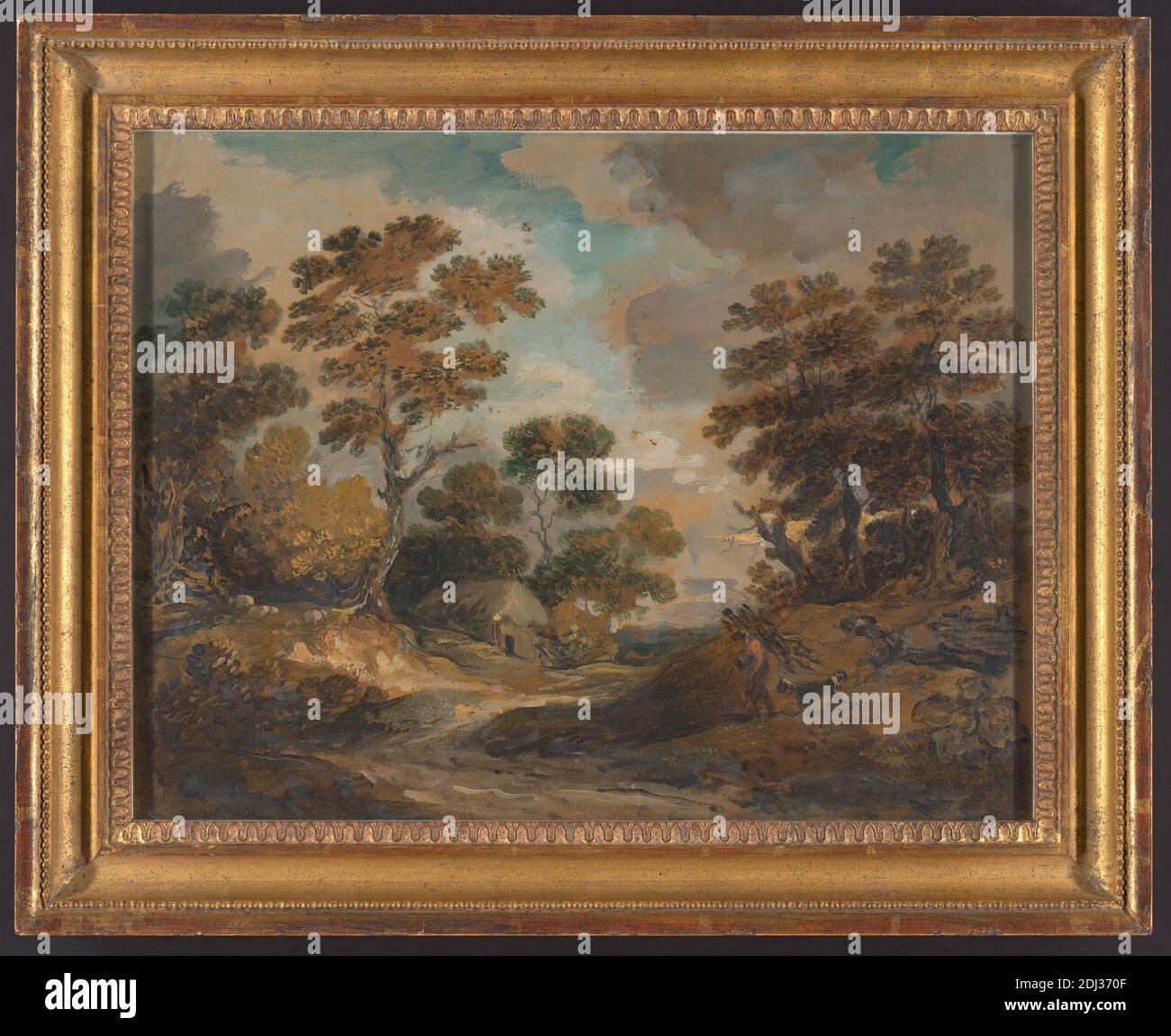 Landschaft: Mann mit Faggots, Gainsborough Dupont, 1754–1797, britisch, undatiert, Öl und Graphit auf mäßig strukturiertem, beigefarbenem Papier, Blatt: 11 1/4 x 14 13/16in. (28.6 x 37,6 cm) und Rahmen: 15 × 18 1/2 × 1 3/4 Zoll (38.1 × 47 × 4.4 cm), Wolken, Hund (Tier), Landschaft, Mensch, Strohdach, Bäume Stockfoto