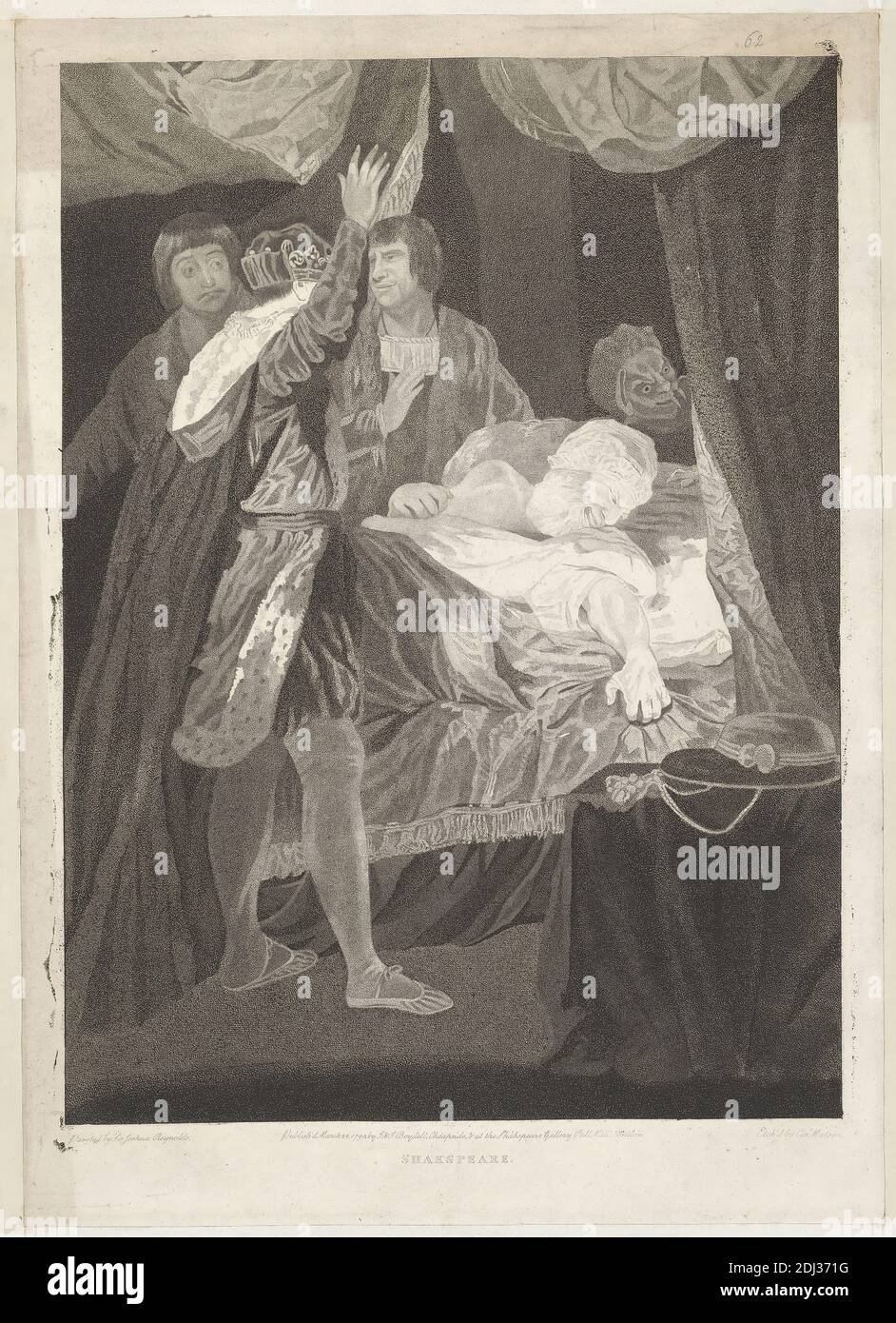 Henry VI, Teil II: Akt III, Szene iii, Cardinal Beaufort's Bed Chamber, Caroline Watson, 1760–1814, britisch, nach Sir Joshua Reynolds RA, 1723–1792, britisch, 1803, Radierung, Blatt: 14 1/2 x 19 (36.8 x 50,5 cm Stockfoto