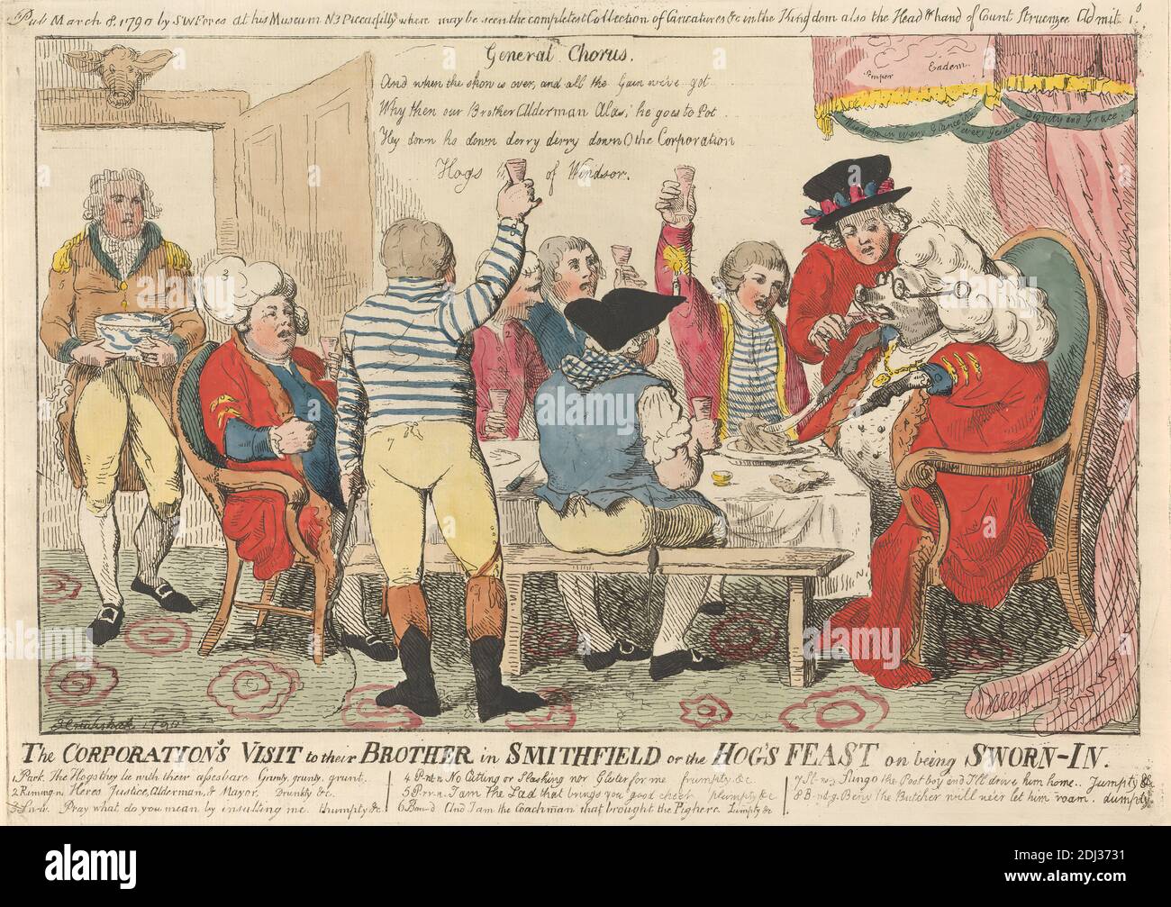 The Corporation's Visit to their Brother in Smithfield or the Hog's Feast on being Seid-in, Isaac Cruikshank, 1756–1810, British, 1790, Radierung, handfarbig, Blatt: 8 3/16 x 13 Zoll (20.8 x 33 cm Stockfoto