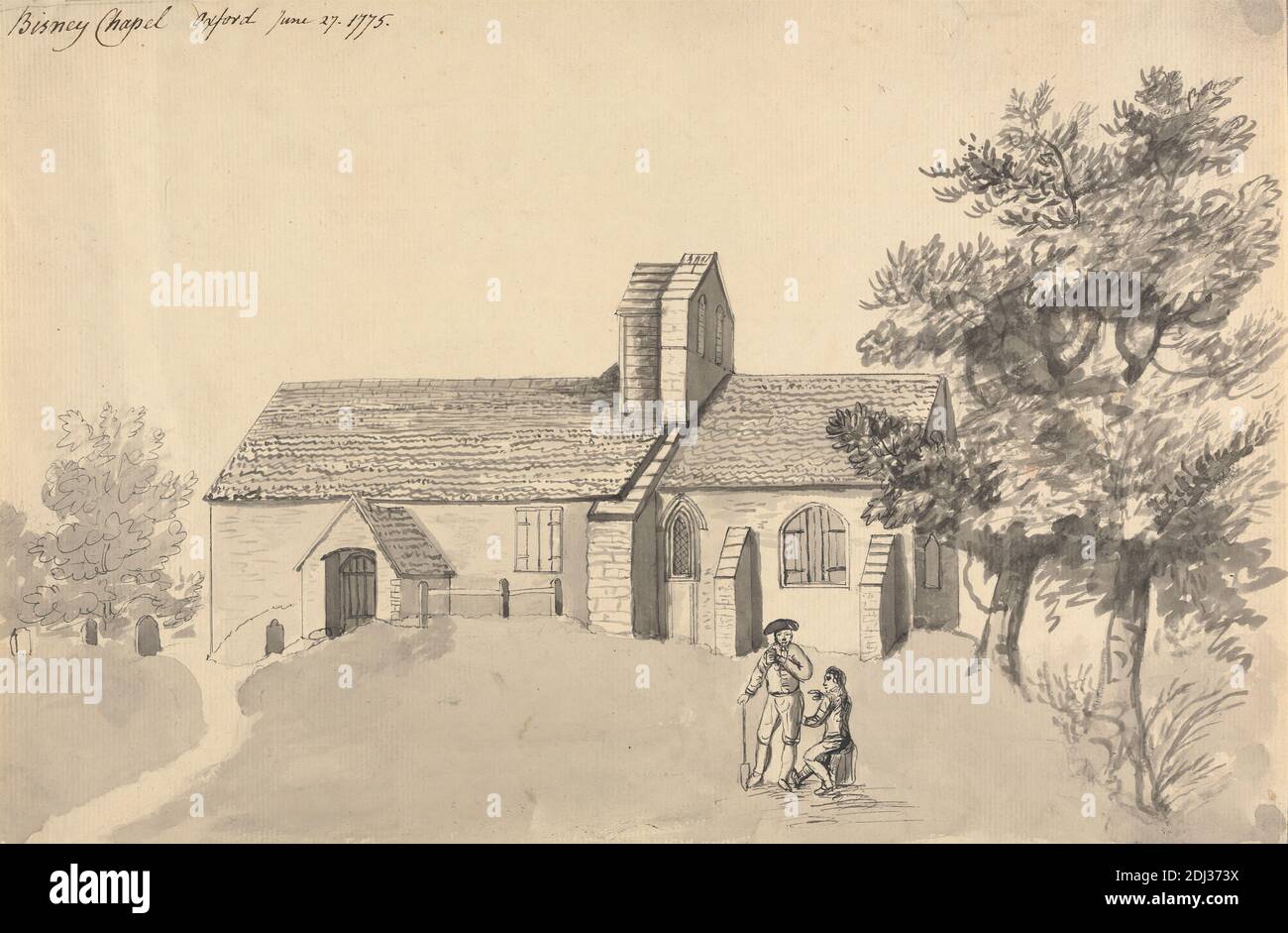 Binsey Church, Oxford, Capt. Francis Grose, 1731–1791, British, 1775, Pen und schwarze Tinte, und Grauwäsche auf Medium, leicht strukturiert, cremefarbenes Papier, Blatt: 9 x 12 Zoll (22.9 x 30,5 cm) und Blatt: 9 × 13 1/2 Zoll (22.9 × 34.3 cm), architektonisches Thema, Kapelle, Kirche, England, Oxford, Oxfordshire, Großbritannien Stockfoto