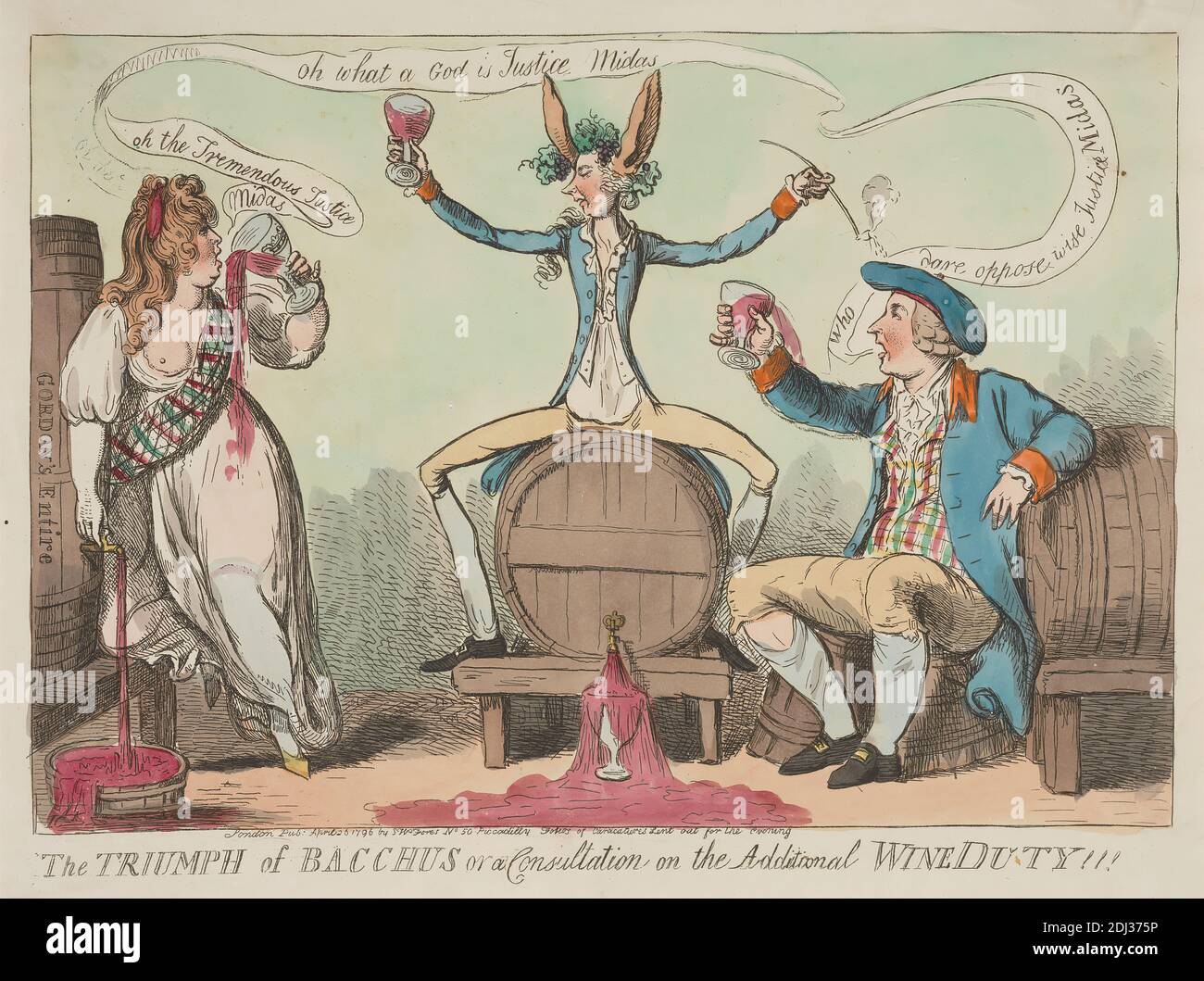 Der Triumph des Bacchus oder eine Beratung zur zusätzlichen Weinpflicht!!!, (?) Isaac Cruikshank, 1756–1810, britisch, 1796, Radierung, handfarbig, Blatt: 10 1/8 x 14 1/2 Zoll (25.7 x 36,8 cm Stockfoto