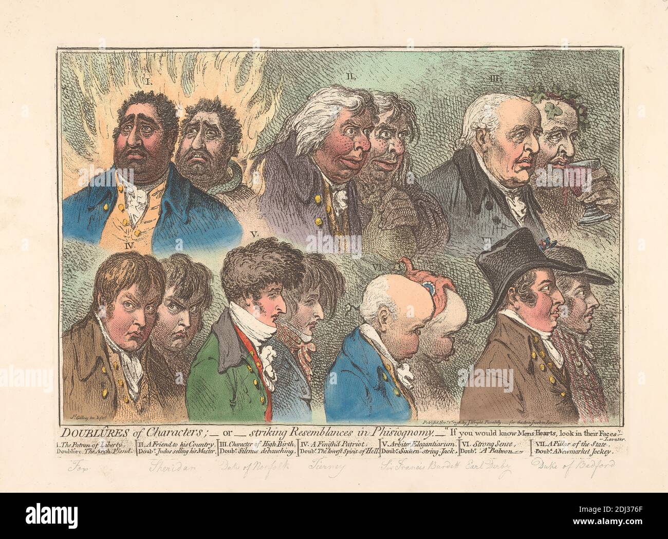 Doublûres of Characters; - or - plaking siblance in Phisiognomy, James Gillray, 1757–1815, British, Published by John Wright, ca. 1745–1820, 1798, Radierung und Stippelgravur, handgefärbt auf mäßig dickem, leicht strukturiertem beigefarbenem Papier, Blatt: 13 9/16 x 18 11/16 cm (47.4 x 34.4 Zoll), Platte: 10 1/4 x 14 3/16 Zoll (26.1 x 36 cm) und Bild: 9 3/8 x 13 7/8 Zoll (23.8 x 35.2 cm), Mützen, Karikatur, Kelch, Kravaten, Gesichter, Feuer, Trauben, Hüte, Humor, Jacken, Jockey, Männer, Minister, Geld, Geldbeutel, Affe (Tier), Parodie, Physiognomie, Politik, Politiker, Porträts Stockfoto