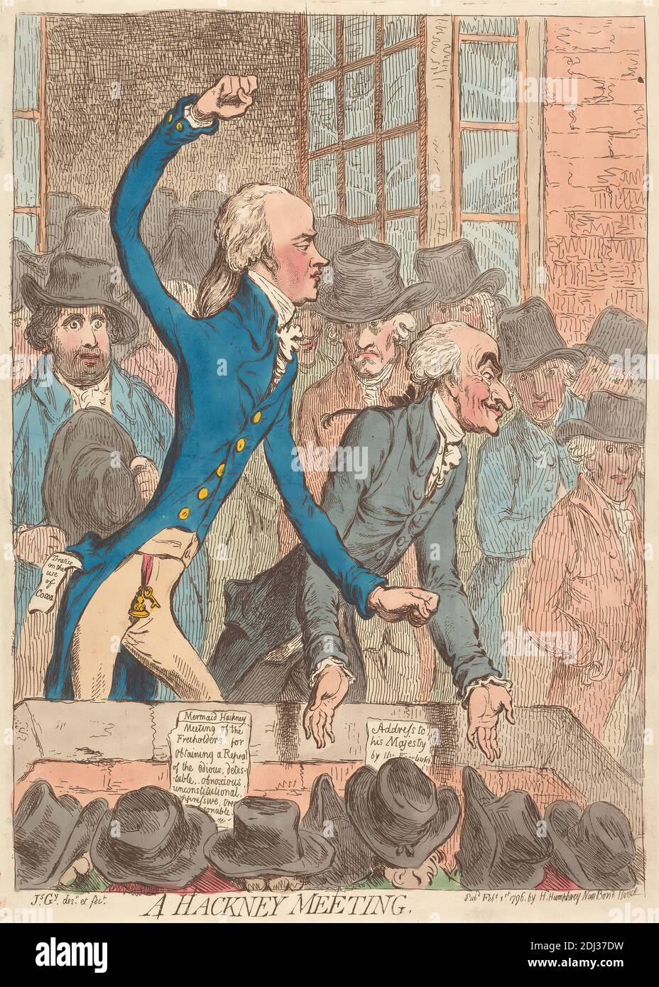 A Hackney Meeting, James Gillray, 1757–1815, britisch, 1796, Radierung, handfarbig, Blatt: 12 7/8 x 9 1/4 Zoll (32.7 x 23,5 cm Stockfoto