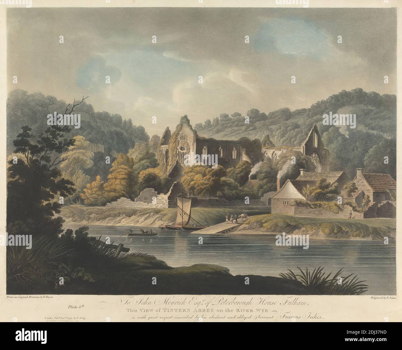 Ansicht von Tintern Abbey am Fluss Wye, Francis Jukes, 1747–1812, britisch, nach Edward Dayes, 1763–1804, britisch, 1799, farbiges Aquatinta, Blatt: 12 5/8 x 17 (32.1 x 43.5cm), Abtei, architektonisches Thema, Kanu, Dock, Zaun, Hügel, Fluss, Segelboot, Bäume Stockfoto