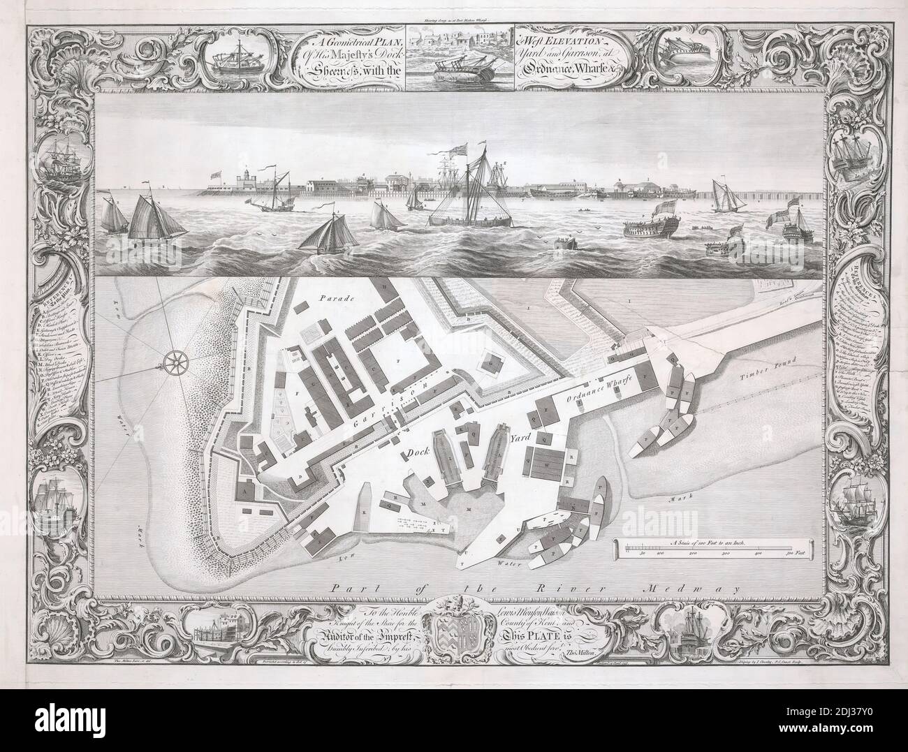 Geometrischer Plan der Werft seiner Majestät, in Sheerness, Druck von Pierre Charles Canot, ca. 1710–1777, französisch, in Großbritannien tätig, nach Thomas Milton, tätig 1739–1756, britisch, Versand durch John Cleveley der Ältere, ca. 1712–1777, britisch, 1755, Strichgravur auf mittelschwerem, mittelstrukturiertem, cremefarbenen Papier, Blatt: 22 1/8 × 28 11/16 Zoll (56.2 × 72.8 cm), Platte: 19 13/16 × 26 15/16 Zoll (50.4 × 68.5 cm), und Bild: 18 7/8 × 25 9/16 Zoll (48 × 64.9 cm) Stockfoto