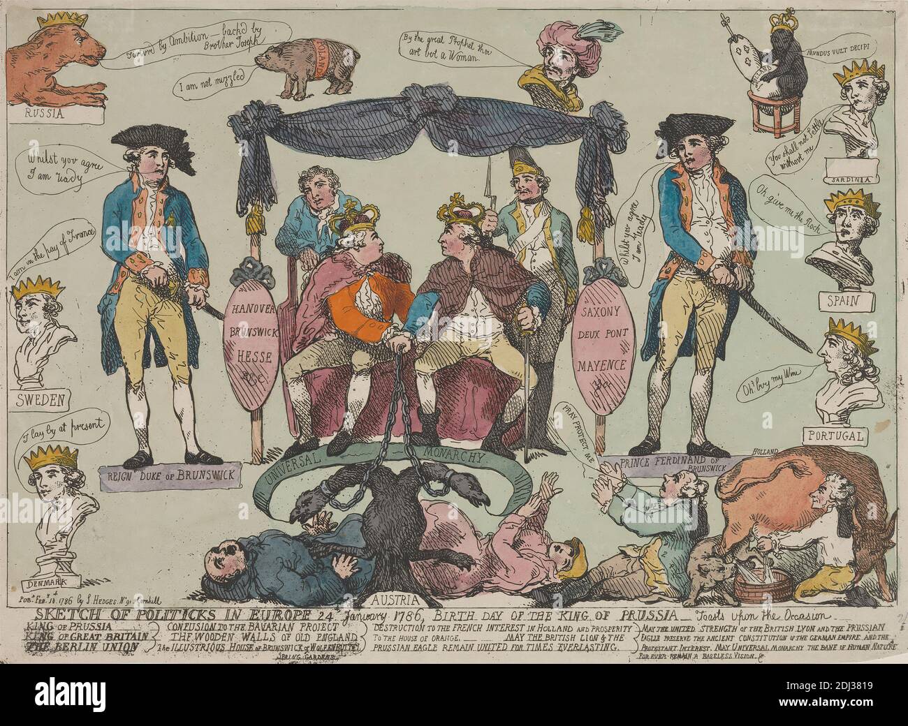 Skizze der Politik in Europa, 24. Januar 1786 - Geburtstag des Königs von Preußen--, Thomas Rowlandson, 1756–1827, Britisch, c.. 1786, Radierung, handfarbig, Blatt: 9 5/8 x 14 1/2 Zoll (24.4 x 36,8 cm Stockfoto