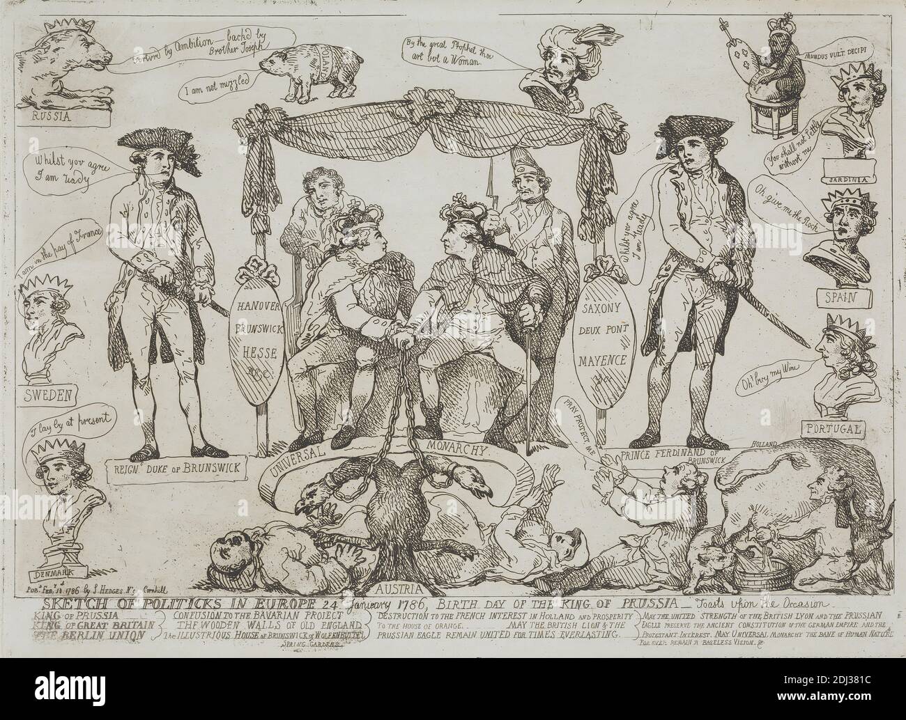 Skizze der Politik in Europa, 24. Januar 1786 - Geburtstag des Königs von Preußen, Thomas Rowlandson, 1756–1827, Britisch, c.. 1786, Ätzen, Blatt: 9 5/8 x 14 1/2 Zoll (24.4 x 36,8 cm Stockfoto