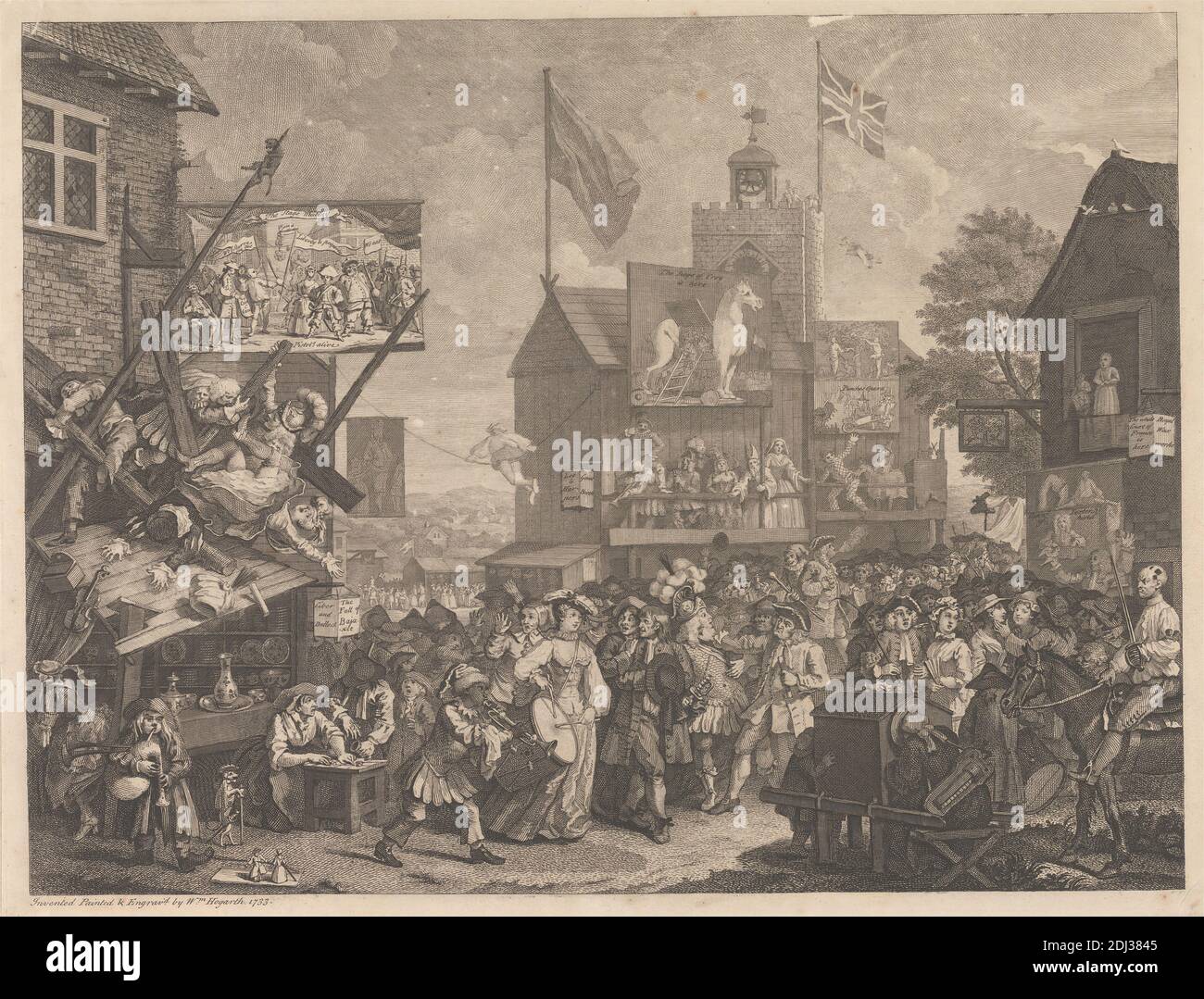 Southwark Fair, Druck von William Hogarth, 1697–1764, britisch, 1733, Gravur, Blatt: 13 7/16 × 17 3/4 Zoll (34.1 × 45.1 cm), Karikatur, fair, Genre-Thema Stockfoto