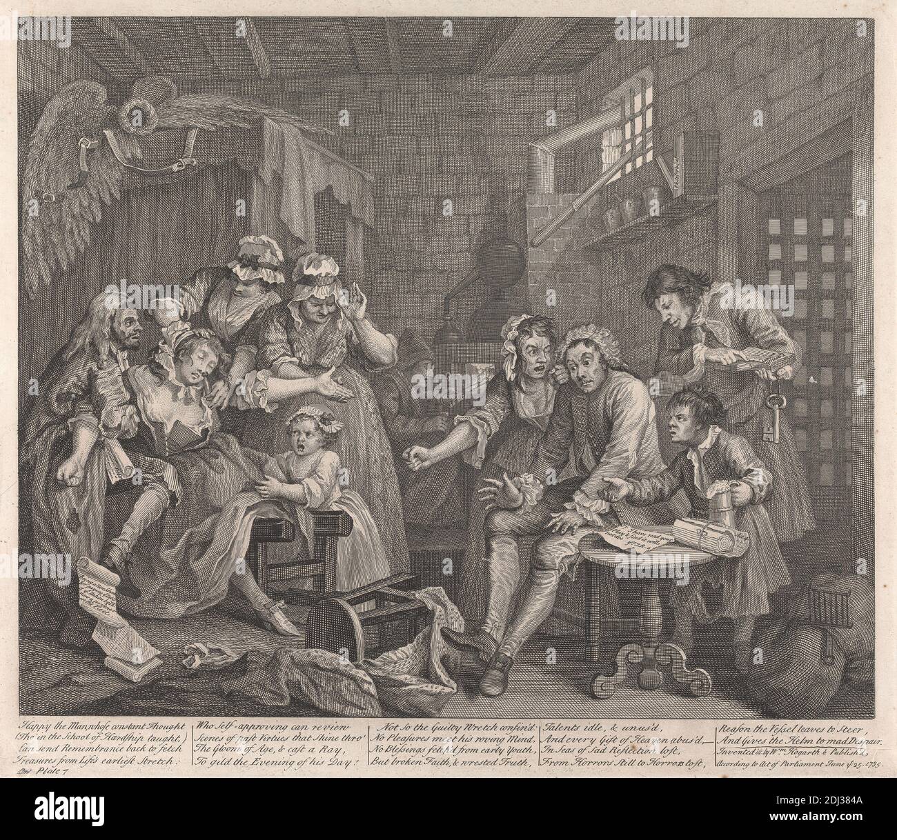 A Rake's Progress, Platte VII: In Fleet Street Prison, Druck von William Hogarth, 1697–1764, Britisch, 1735, Strichgravur auf mittelschwerem, mittelschwerem, cremefarbenem Wove-Papier, Blatt: 12 3/8 x 15 mm. (31.4 x 38,4 cm Stockfoto