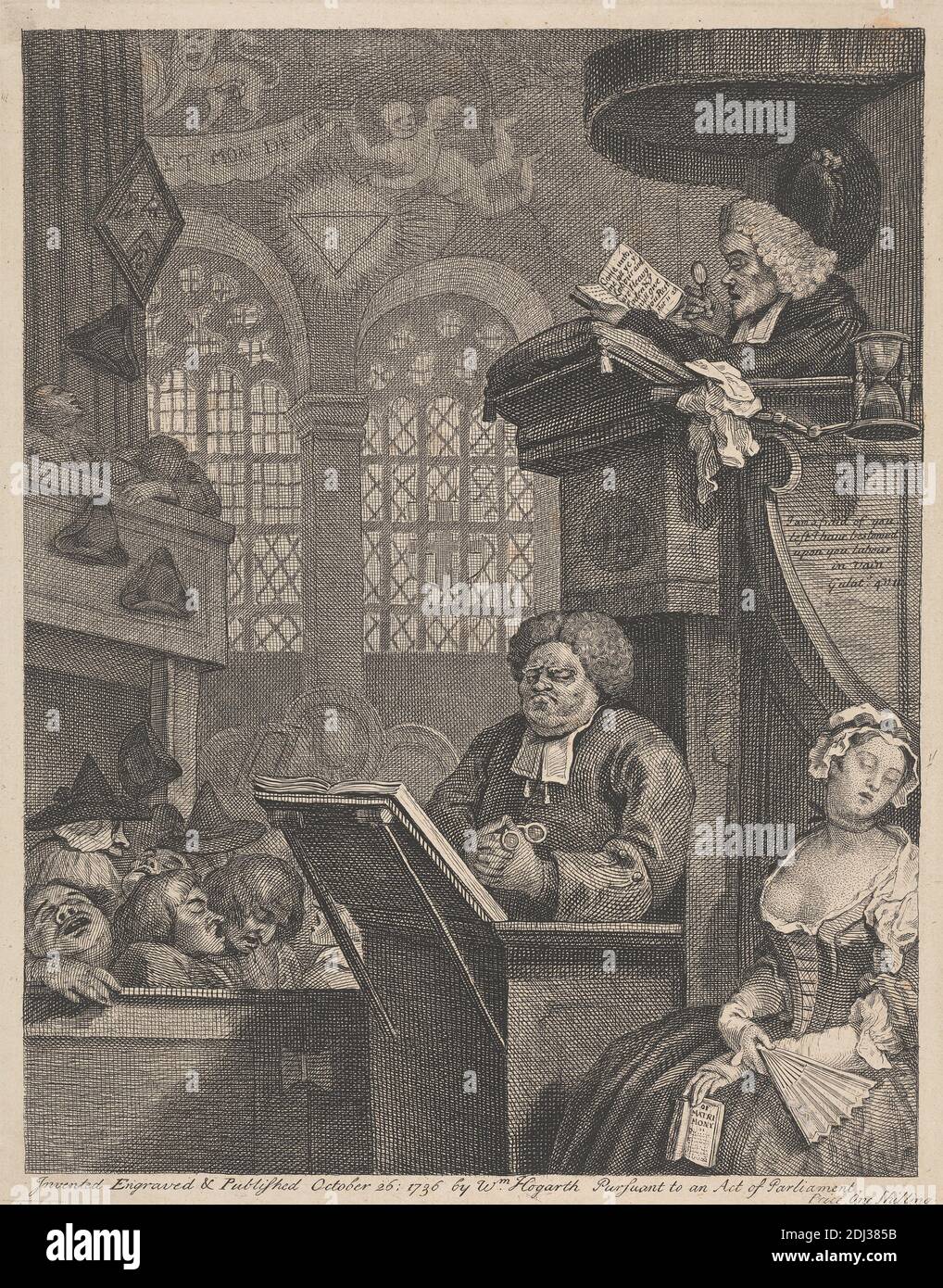 The Sleeping Congregation, Druck von William Hogarth, 1697–1764, britisch, 1736, Gravur, Blatt: 10 3/8 × 8 1/4 Zoll (26.4 × 21 cm), Karikatur, Kirche, Genremotiv, schlafend, Glasmalerei Stockfoto