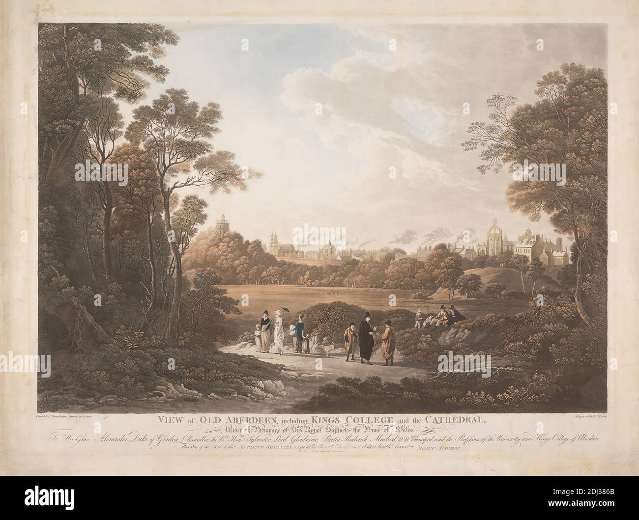 Ansicht von Old Aberdeen, einschließlich King's College und Kathedrale, Frederick Christian Lewis der Ältere, 1779–1856, britisch, nach Alexander Nasmyth, 1758–1840, britisch, nach John Thomas Seaton, aktiv 1761–1806, britisch, 1808, farbiger Aquatinton auf mäßig dickem, mäßig strukturiertem, beigefarbenem Papier, Blatt: 21 1/4 × 28 3/8 Zoll (54 × 72.1 cm), Platte: 19 3/4 × 27 1/2 Zoll (50.2 × 69.9 cm) und Bild: 16 13/16 × 24 1/2 Zoll (42.7 × 62.2 cm) Stockfoto