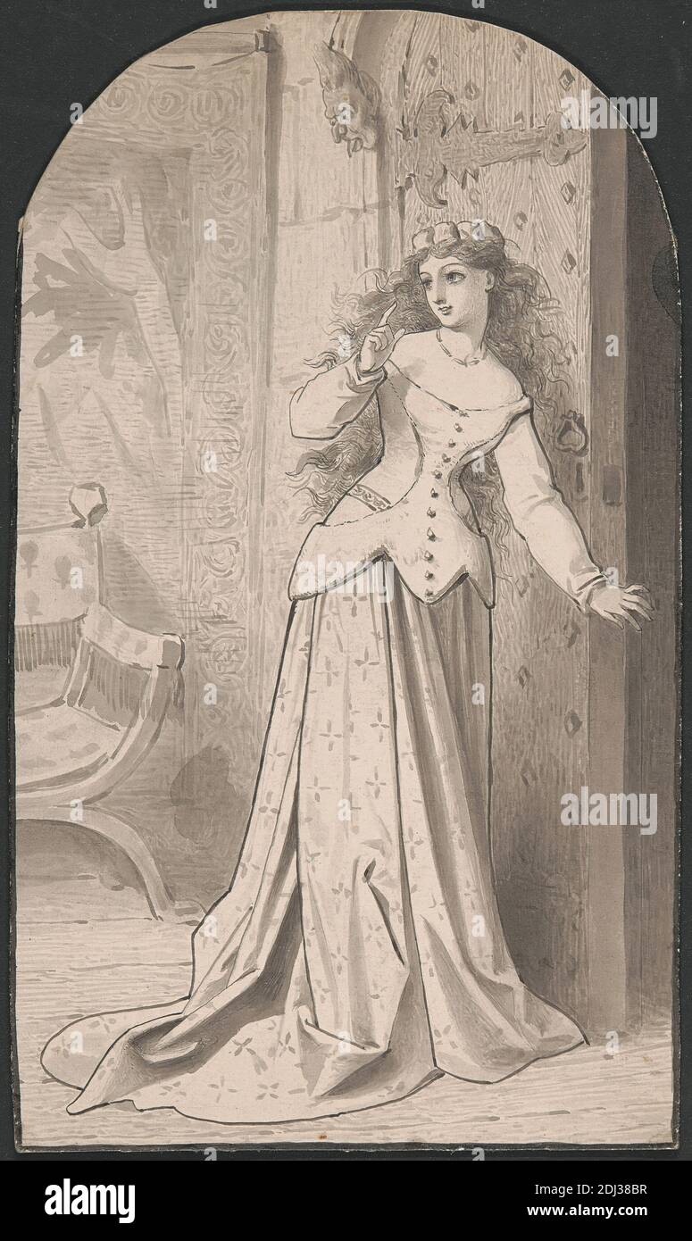 A Damsel, Adelaide Claxton, 1858–1905, britisch, undatiert, Stift und schwarze Tinte, Graphit und Grauwäsche auf mäßig dicken, glatten cremefarbenen Karte, Blatt: 6 7/8 × 4 inches (17.5 × 10.2 cm), Karikatur, Stuhl, Tür, Kleid, Flucht, Frau Stockfoto