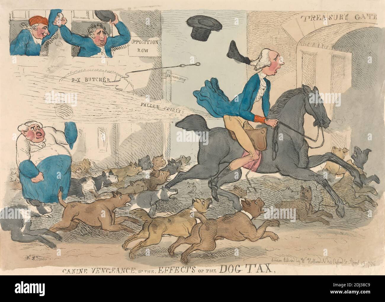 Canine Vengeance, or the, Effects of the Dog Tax, Richard Newton, 1777–1798, British, 1796, Radierung, handfarbig, Blatt: 9 1/2 x 14 3/8in. (24.1 x 36,5 cm Stockfoto