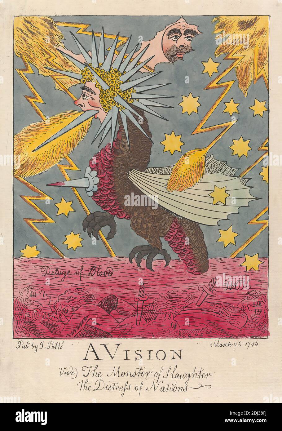 A Vision, Vide, The Monster of Slaughter, The Distress of Nations; Sintflut of Blodd, Druck von William O'Keefe, Active 1794–1807, 1796, Radierung mit Handfärbung in Aquarell auf mittlerem, leicht strukturiertem, cremefarbenem Papier, Platte: 13 7/8 × 9 7/8 Zoll (35.2 × 25.1 cm) und Bild: 10 7/8 × 8 1/2 Zoll (27.6 × 21.6 cm Stockfoto