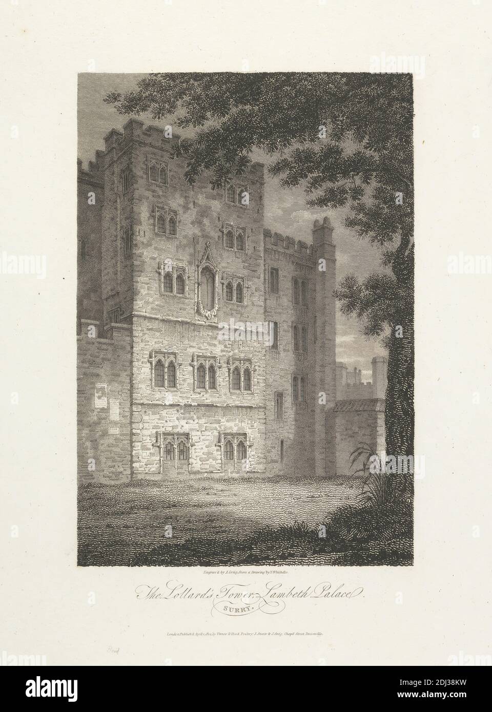 The Lollard's Tower, Lambeth Palace, John Greig, aktiv 1800–1853, britisch, nach C. John M. Whichelo, 1784–1865, britisch, 1804, Engraving Stockfoto