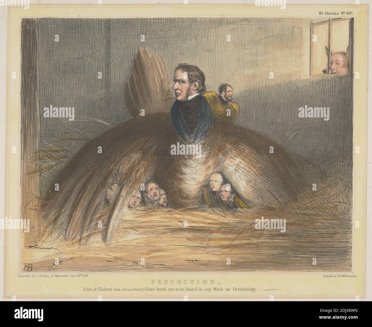Protection, A Hen and Chickens of an Extraordinary Game Breed, not to be found in any work on Ornithology (from: Caricature, Vol. 6), John Doyle ('H.B.'), 1797–1868, Irish, 1846, Lithograph, Hand-colored, Sheet: 9 x 11 3/4in. (22.9 x 29,8 cm Stockfoto