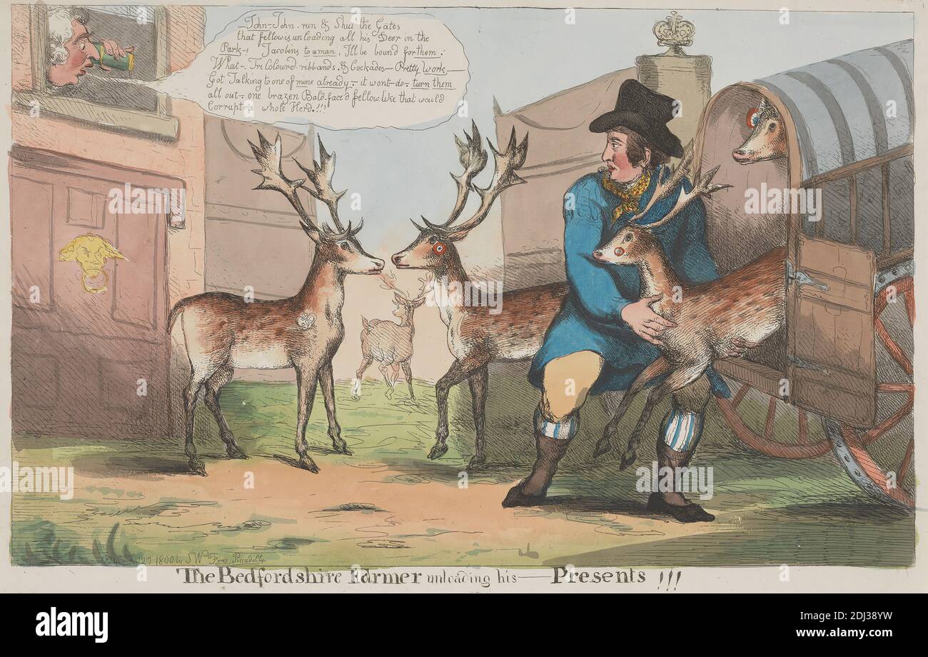 The Bedfordshire Farmer loading his - presents!, John Cawse, 1779–1862, British, 1800, Radierung, handfarbig, Blatt: 9 3/8 x 15 1/8in. (23.8 x 38,4 cm Stockfoto