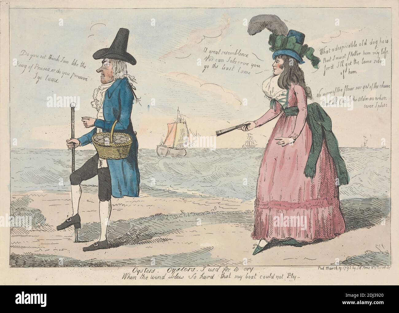 Austern. Austern. Ich war für To Cry, als der Wind so hart blies, dass mein Boot nicht ply konnte, (?) Isaac Cruikshank, 1756–1810, britisch, 1792, Radierung, handfarbig, Blatt: 8 7/8 x 13 Zoll (22.5 x 33 cm Stockfoto