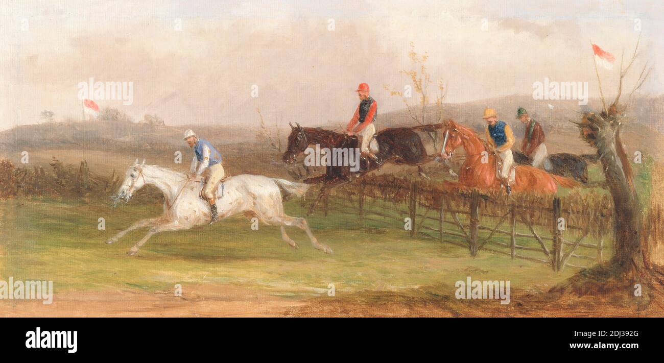 Steeplechasing: The Hurdle, William J. Shayer, 1811–c.1885, British, 1869, Öl auf Leinwand, Support (PTG): 4 3/4 x 9 3/4 inches (12.1 x 24.8 cm), Reiten, Pferd (Tier), Hürde, Jockey, Landschaft, Rennen, ländliche, Sportkunst, Strom, viktorianische Stockfoto