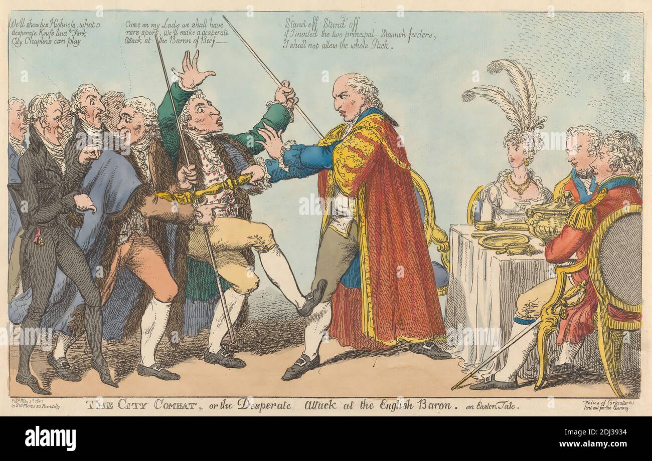The City Combat, or the Desperate Attack at the English Baron, Charles Williams, Active 1796–1830, British, 1802, Radierung, handfarbig, Blatt: 9 x 14 7/8in. (22.9 x 37,8 cm Stockfoto