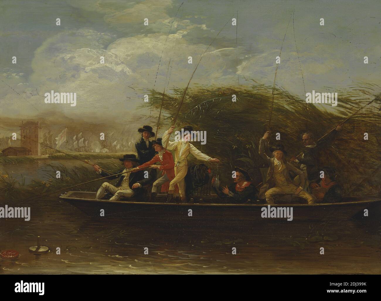 Gentlemen Fishing, Benjamin West, 1738–1820, Amerikaner, aktiv in Großbritannien (ab 1763), 1794, Öl auf Schiefer, Stützelement (PTG): 12 1/8 x 17 Zoll (30.8 x 43.2 cm), Boot, Angeln, Angelschnur, Genresubjekt, Männer, Erholung, Fluss, Wasser, Wind Stockfoto