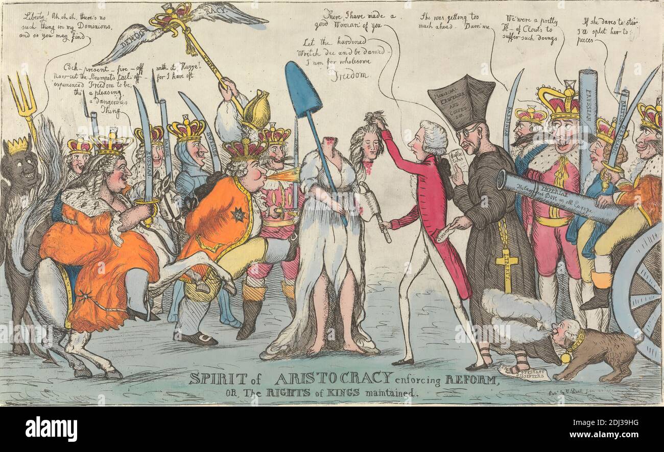 Geist der Aristokratie Durchsetzung Reform, oder, die Rechte der Könige beibehalten, (?) William Dent, aktiv 1784–1793, 1792, Radierung mit Aquarell auf Papier, Blatt: 10 1/8 x 16 (25.7 x 41,9 cm Stockfoto