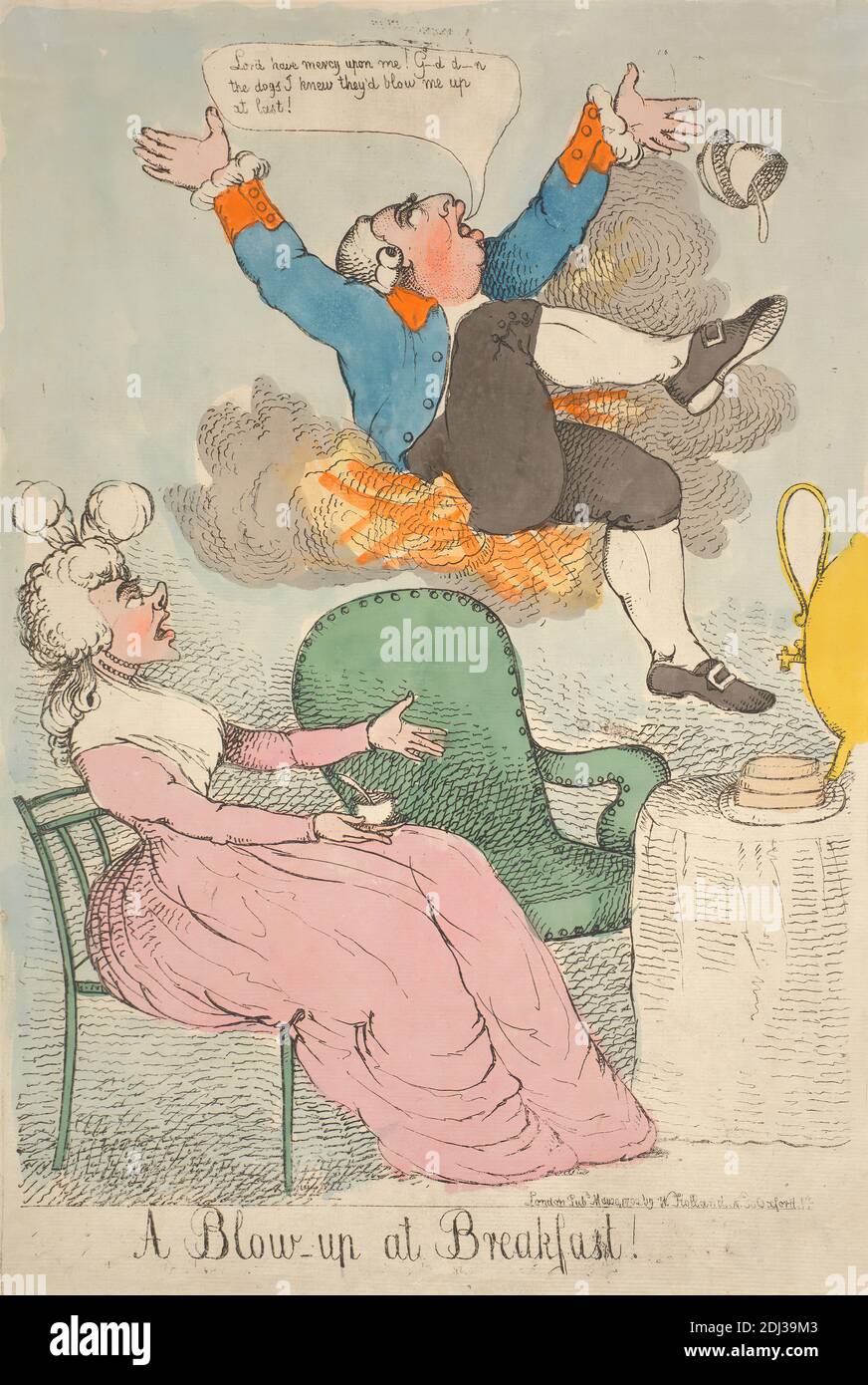 A Blow-Up at Breakfast, Richard Newton, 1777–1798, British, 1792, Radierung, handfarbig, Blatt: 16 1/4 x 10 (41.3 x 27,6 cm), Abendessen, Essen, Mahlzeit Stockfoto