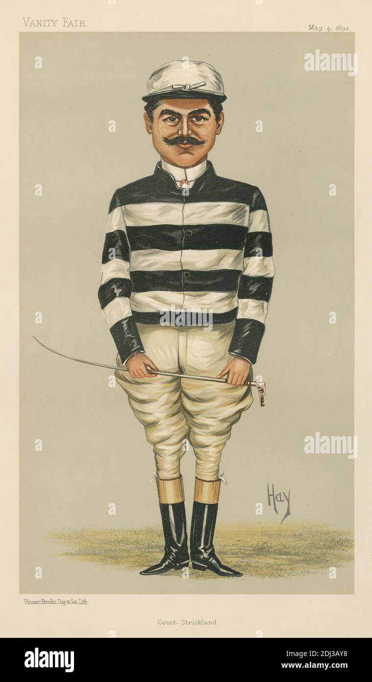 Vanity Fair: Jockeys; Graf Strickland, 4. Mai 1893, unbekannter Künstler, 1893, Chromolithograph Stockfoto