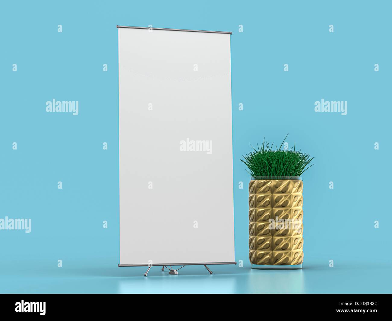 Aufrollen des Bannerstandrahmens. Modell auf blauem Hintergrund. 3D-Rendering. Stockfoto